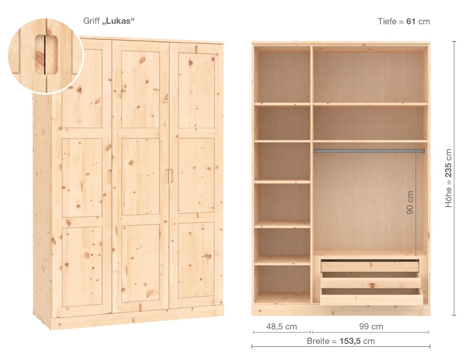Zirbenschrank „Enzian“, 3-türig, Höhe 235 cm, Griffausführung „Lukas“, Inneneinrichtung C