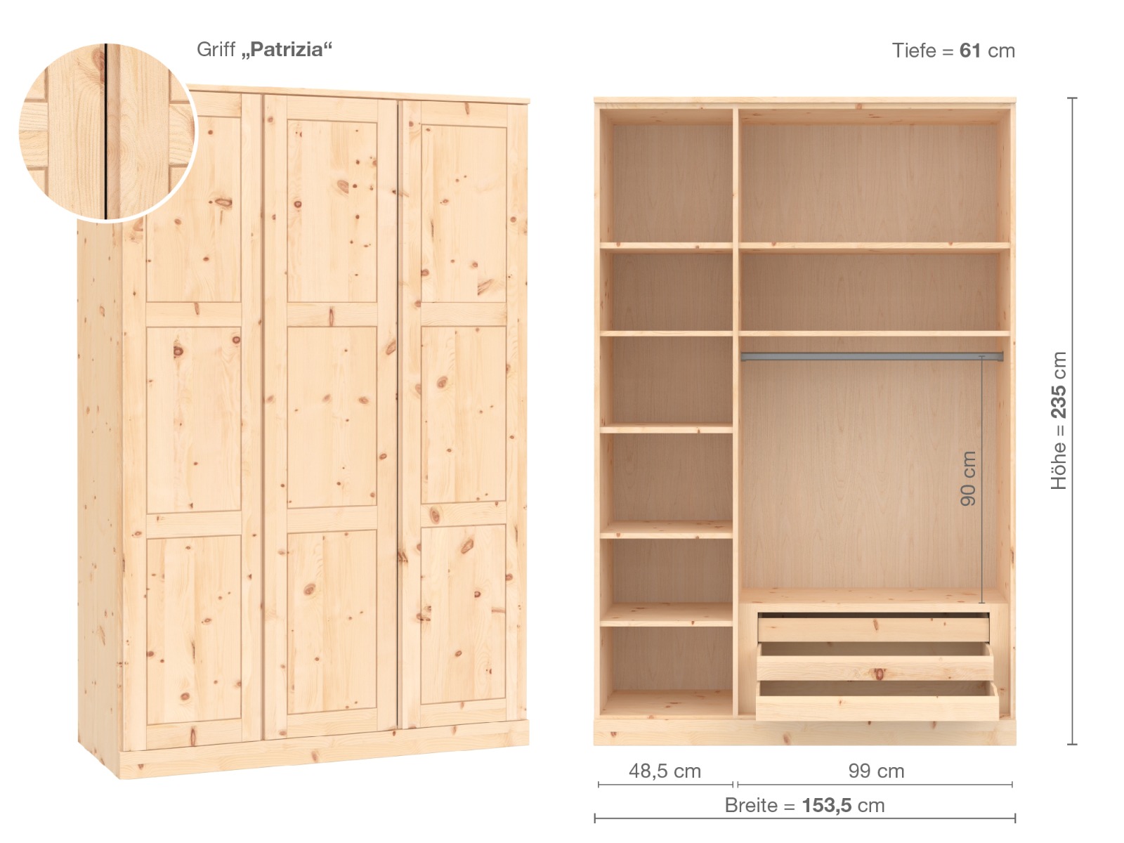 Zirbenschrank „Enzian“, 3-türig, Höhe 235 cm, Griffausführung „Patrizia“, Inneneinrichtung C