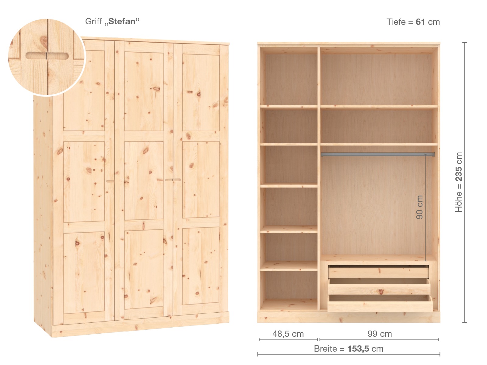 Zirbenschrank „Enzian“, 3-türig, Höhe 235 cm, Griffausführung „Stefan“, Inneneinrichtung C