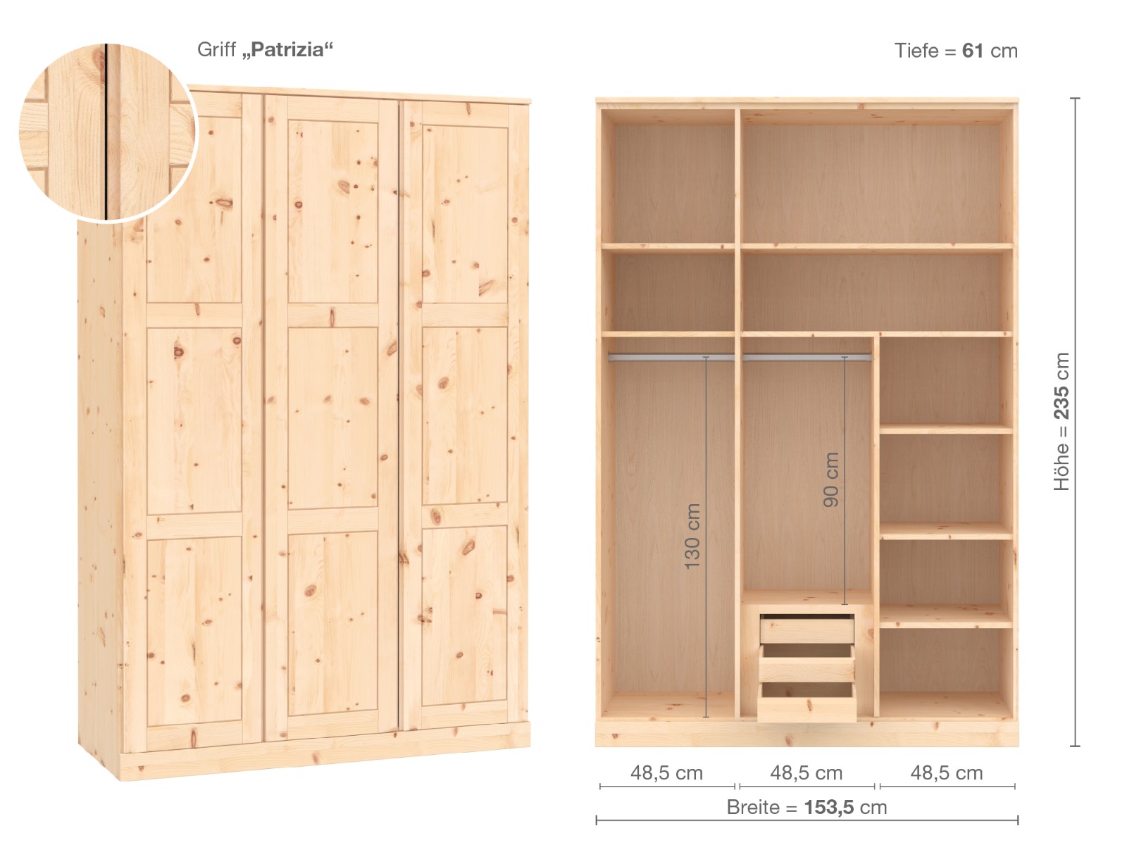 Zirbenschrank „Enzian“, 3-türig, Höhe 235 cm, Griffausführung „Patrizia“, Inneneinrichtung D