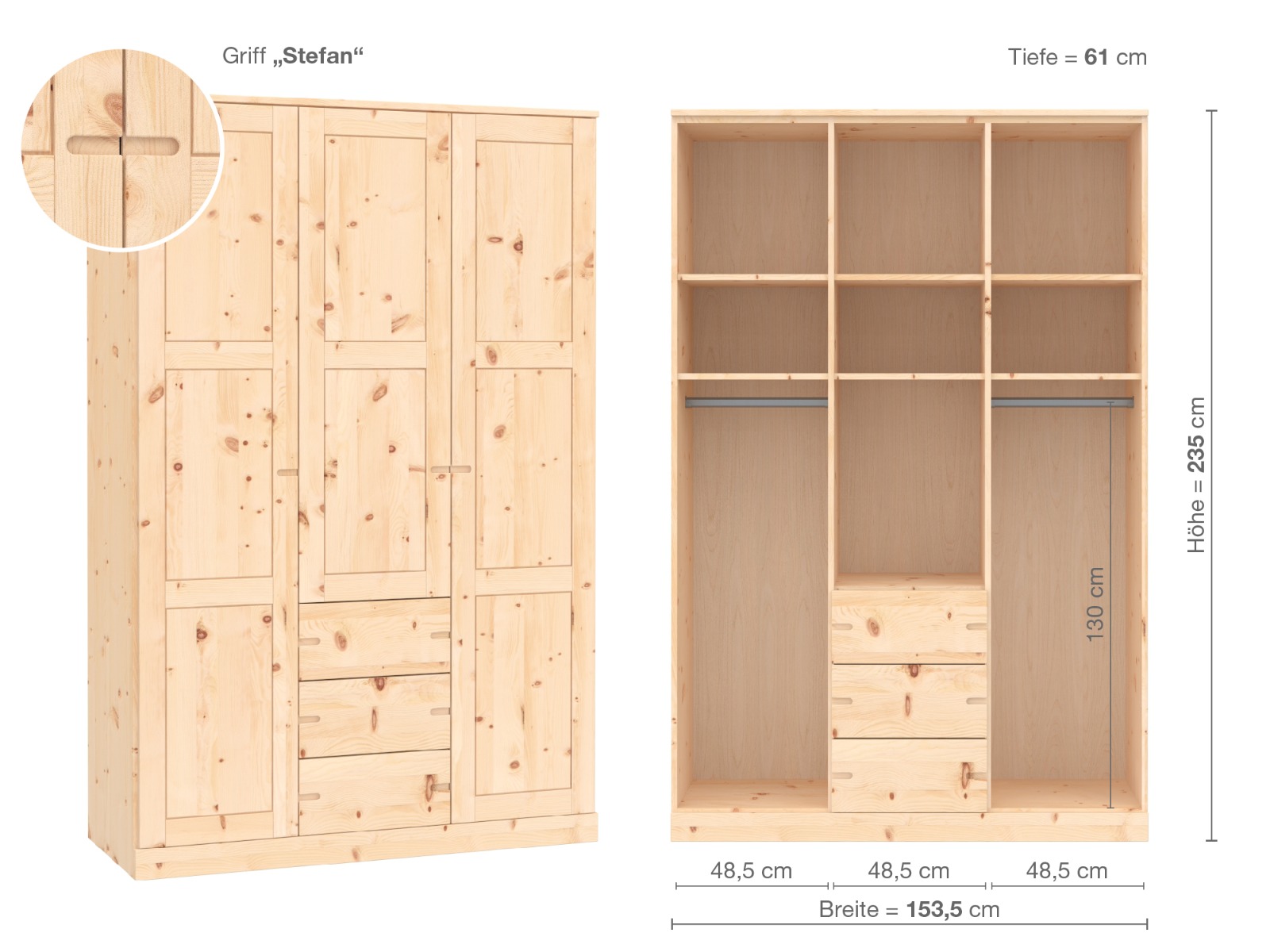 Zirbenschrank „Enzian“, 3-türig, Höhe 235 cm, Griffausführung „Stefan“, Inneneinrichtung E