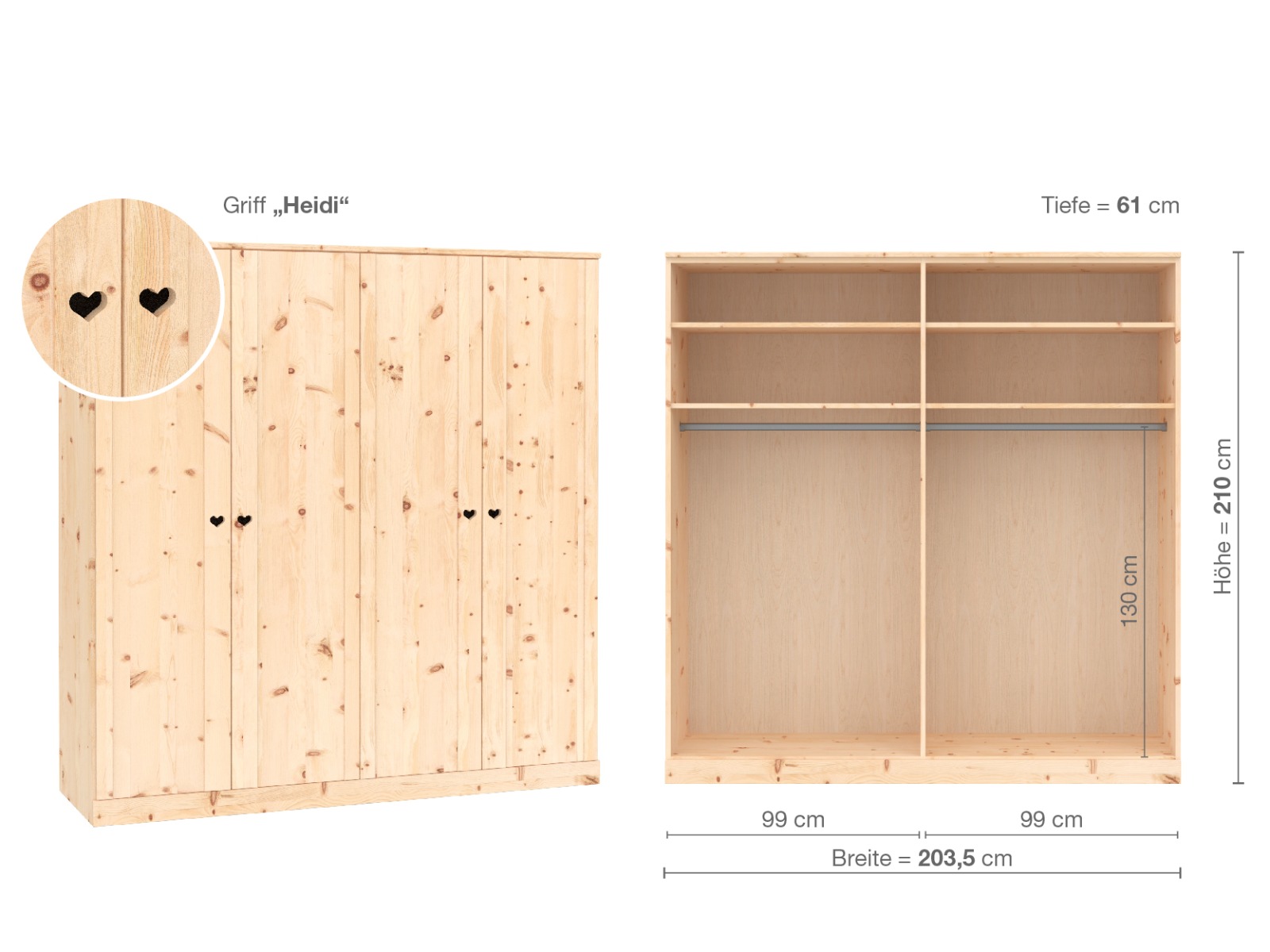 Zirbenschrank „Arnika“, 4-türig, Höhe 210 cm, Griffausführung „Heidi“, Inneneinrichtung A