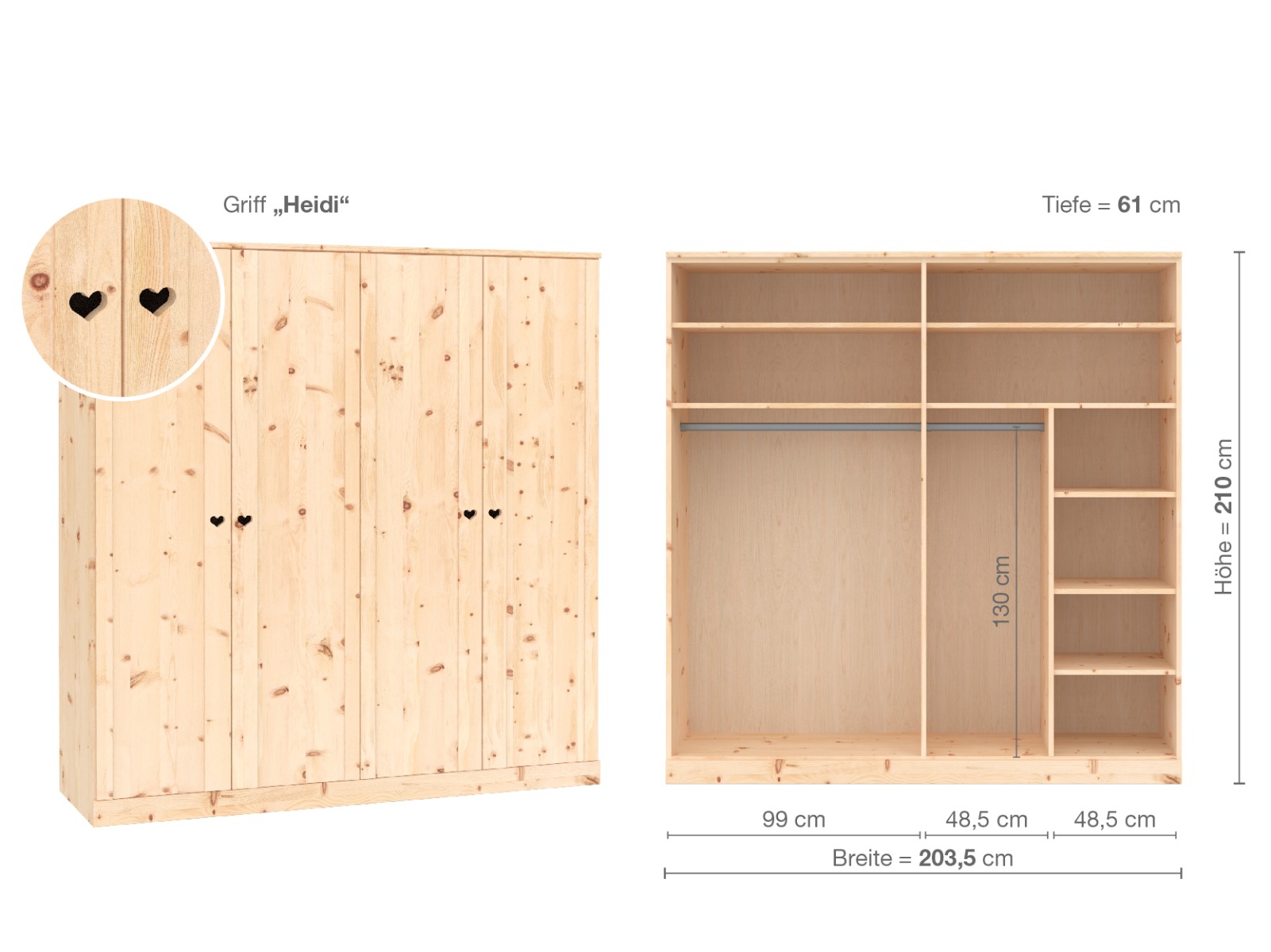 Zirbenschrank „Arnika“, 4-türig, Höhe 210 cm, Griffausführung „Heidi“, Inneneinrichtung B