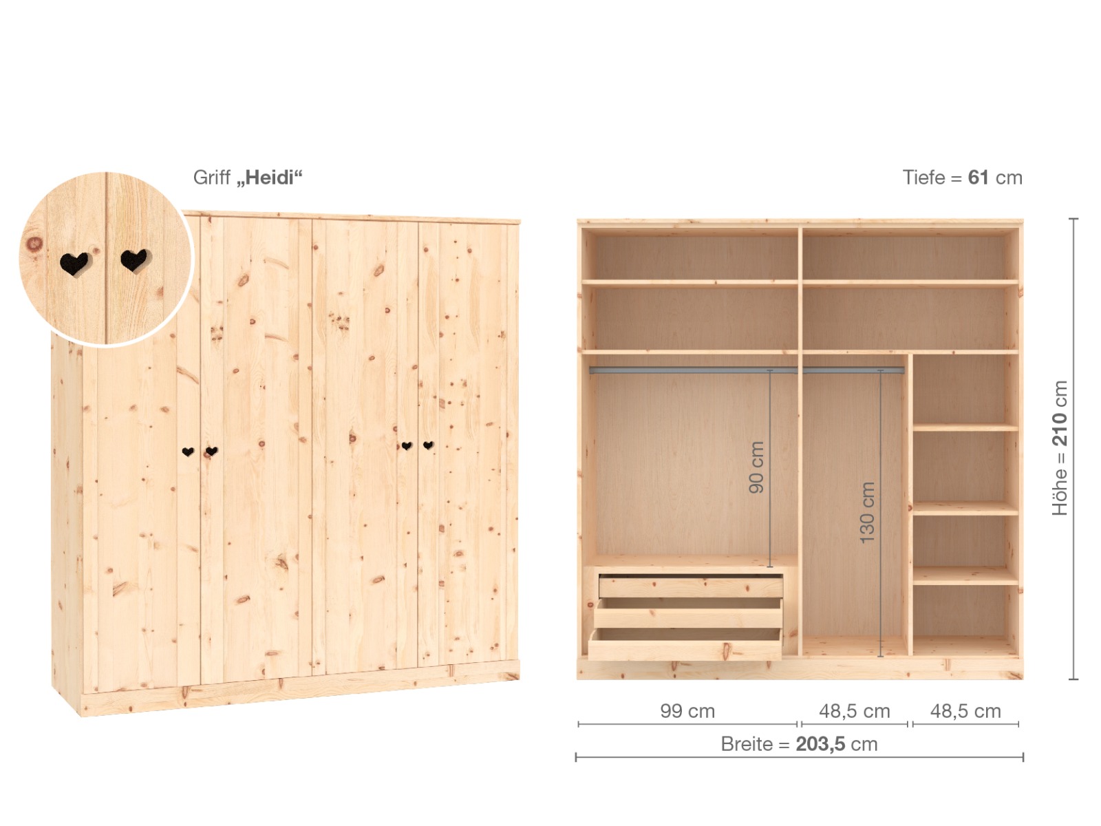 Zirbenschrank „Arnika“, 4-türig, Höhe 210 cm, Griffausführung „Heidi“, Inneneinrichtung C