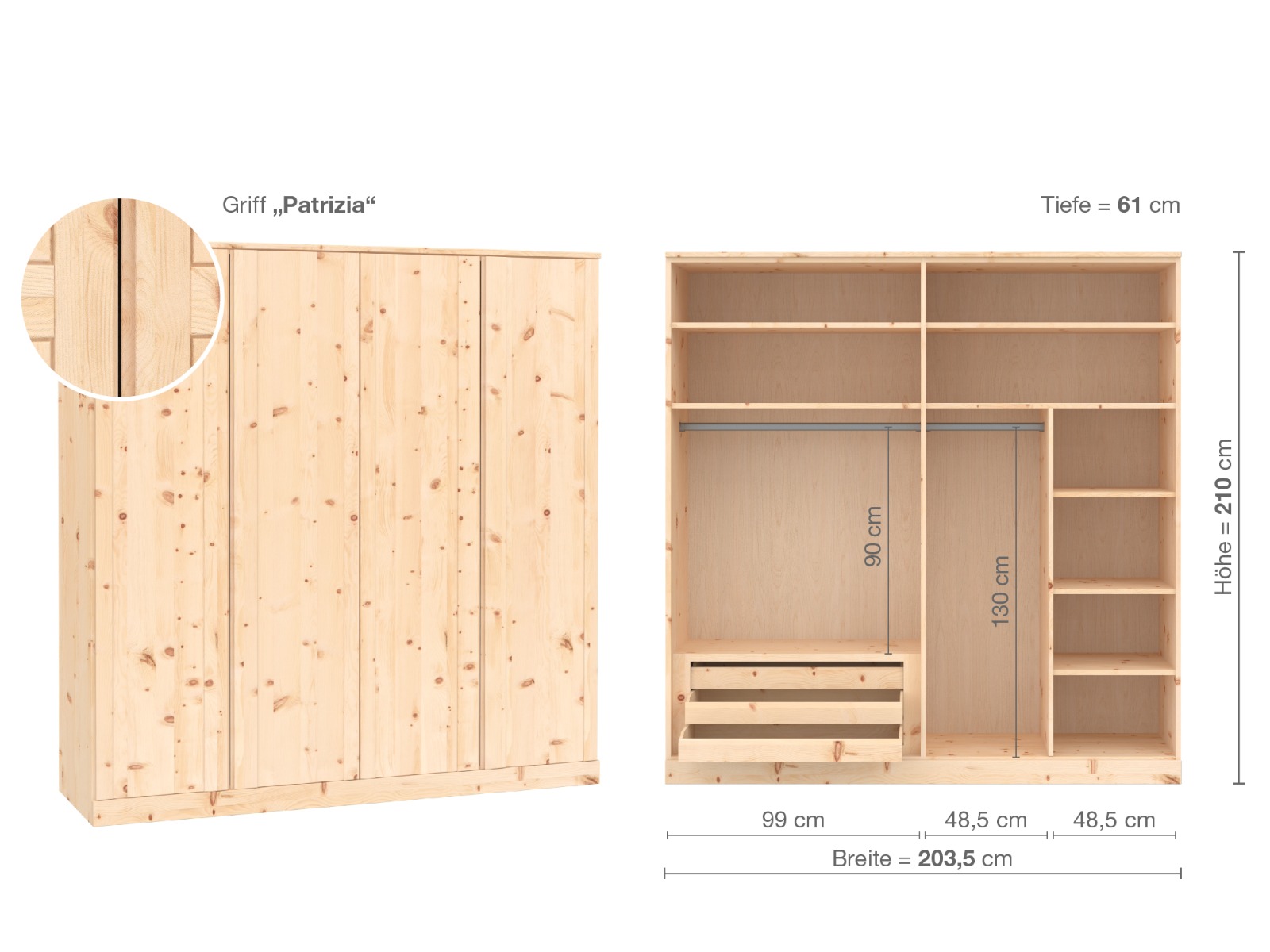 Zirbenschrank „Arnika“, 4-türig, Höhe 210 cm, Griffausführung „Patrizia“, Inneneinrichtung C