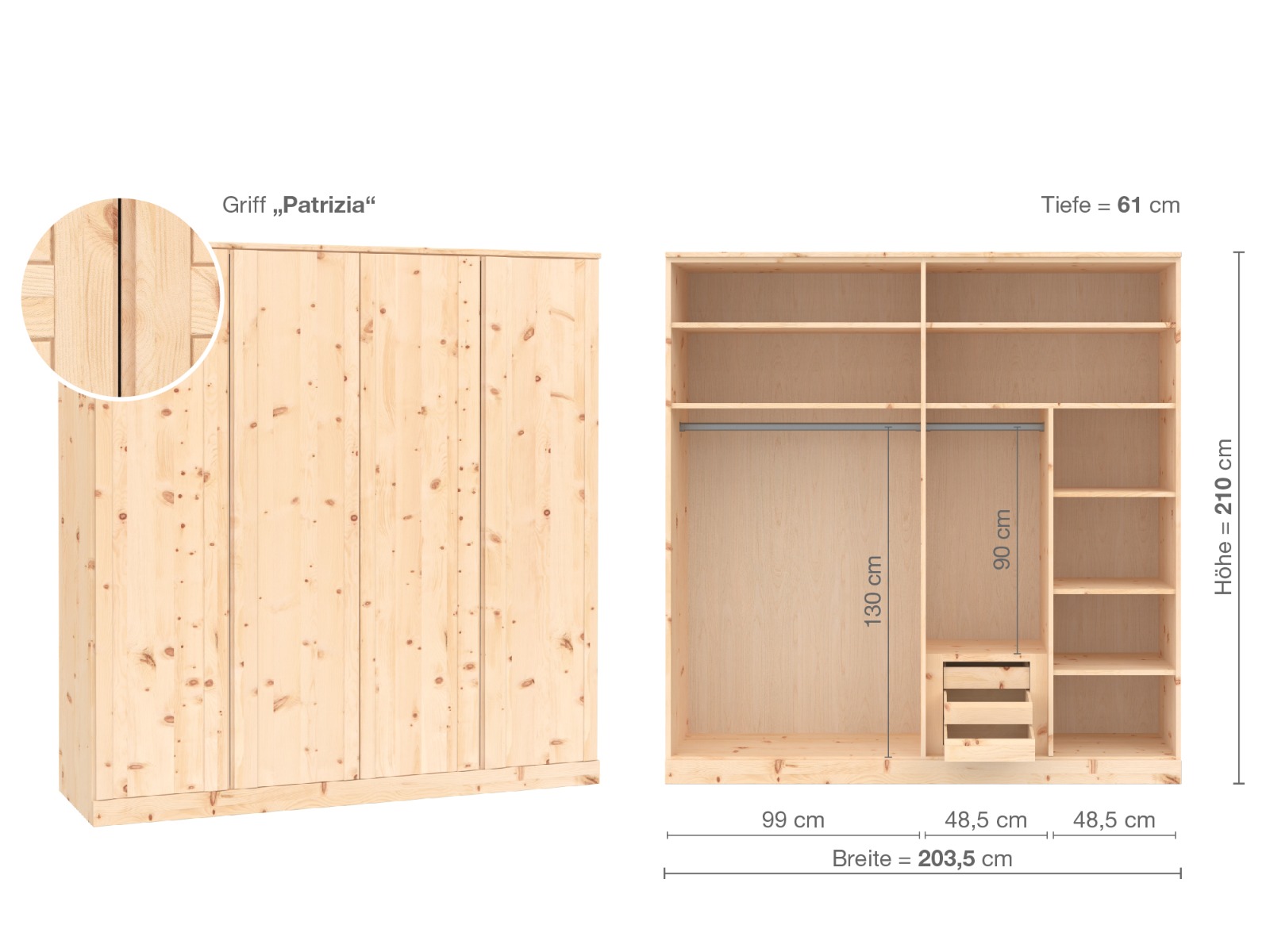 Zirbenschrank „Arnika“, 4-türig, Höhe 210 cm, Griffausführung „Patrizia“, Inneneinrichtung D