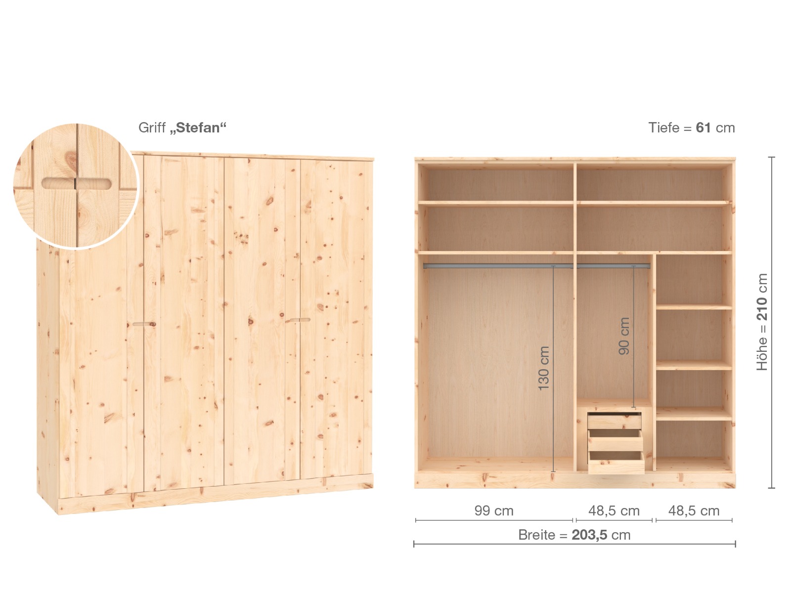 Zirbenschrank „Arnika“, 4-türig, Höhe 210 cm, Griffausführung „Stefan“, Inneneinrichtung D