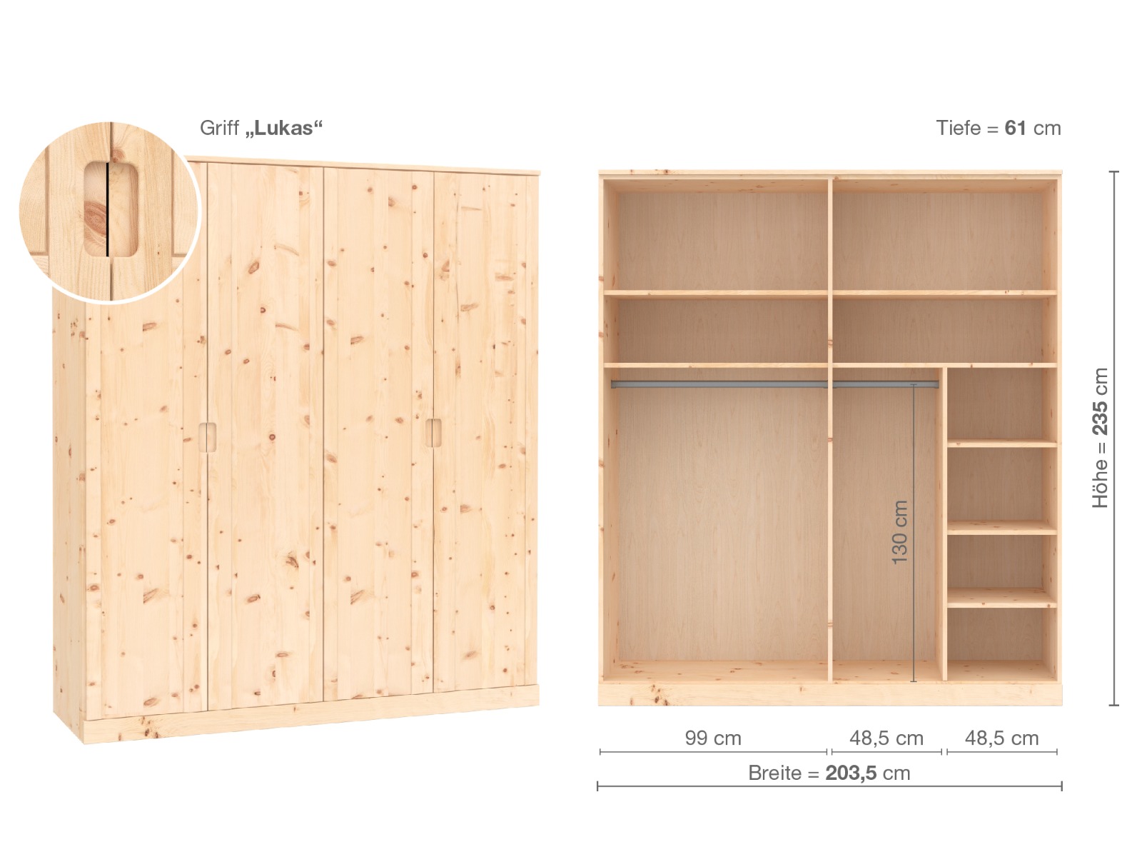 Zirbenschrank „Arnika“, 4-türig, Höhe 235 cm, Griffausführung „Lukas“, Inneneinrichtung B