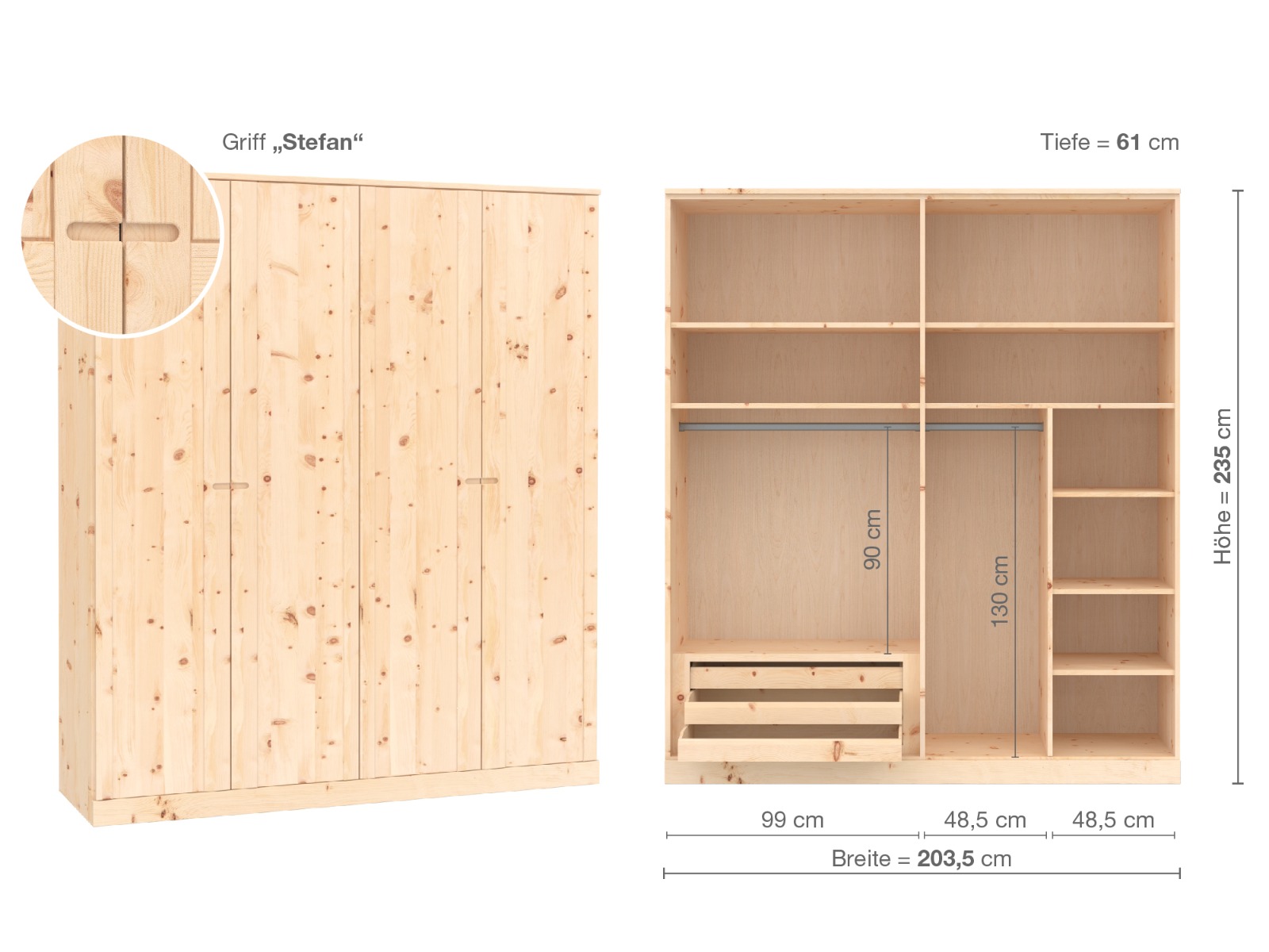 Zirbenschrank „Arnika“, 4-türig, Höhe 235 cm, Griffausführung „Stefan“, Inneneinrichtung C