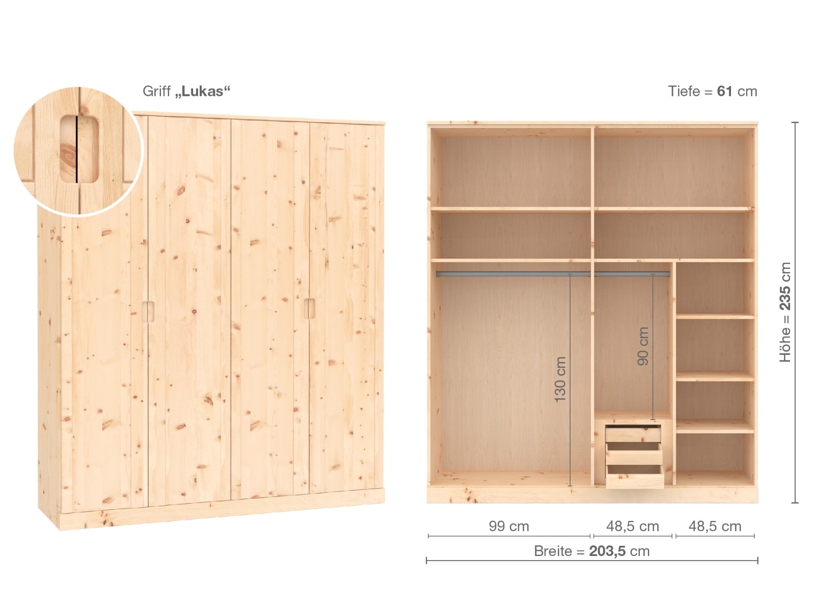 Zirbenschrank „Arnika“, 4-türig, Höhe 235 cm, Griffausführung „Lukas“, Inneneinrichtung D