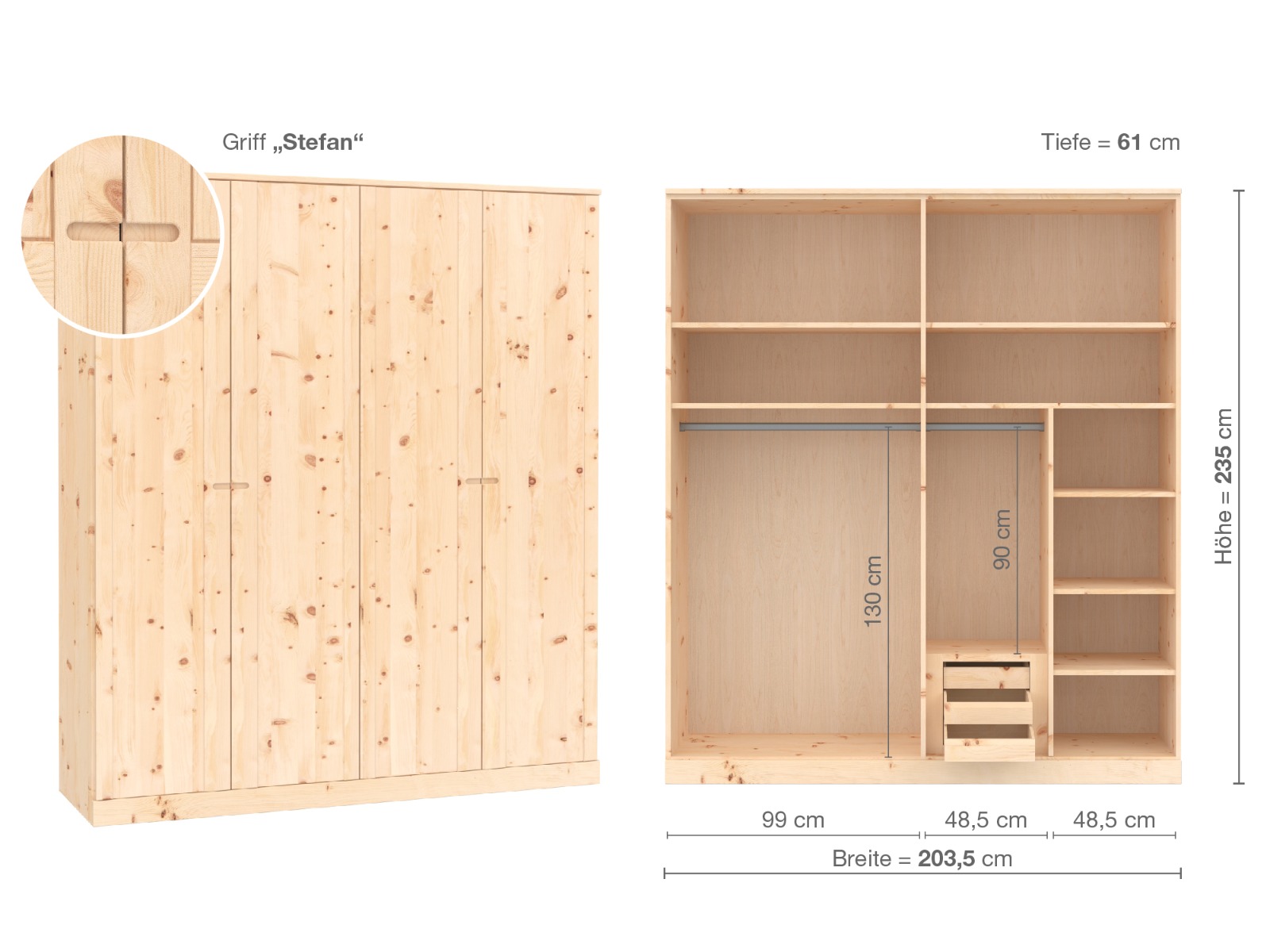 Zirbenschrank „Arnika“, 4-türig, Höhe 235 cm, Griffausführung „Stefan“, Inneneinrichtung D