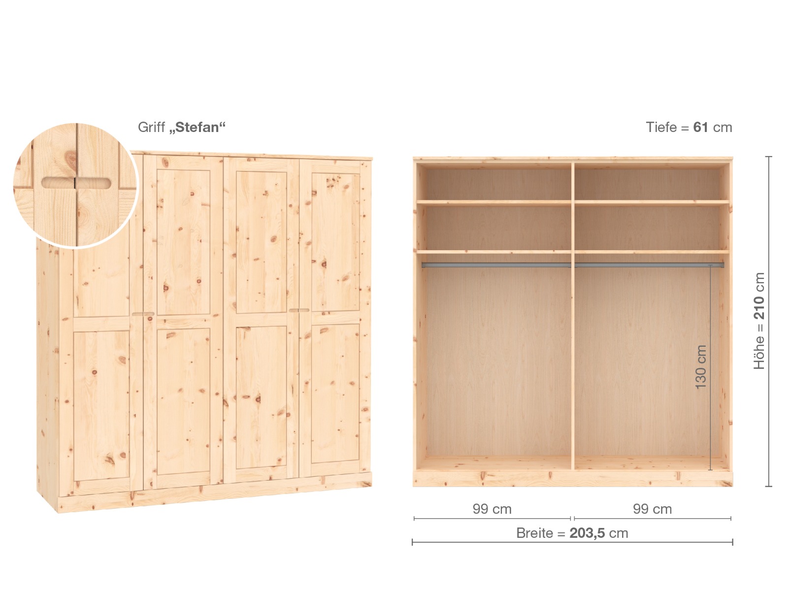 Zirbenschrank „Edelweiß“, 4-türig, Höhe 210 cm, Griffausführung „Stefan“, Inneneinrichtung A