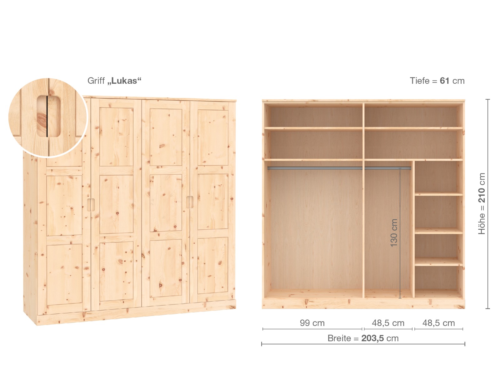 Zirbenschrank „Enzian“, 4-türig, Höhe 210 cm, Griffausführung „Lukas“, Inneneinrichtung B