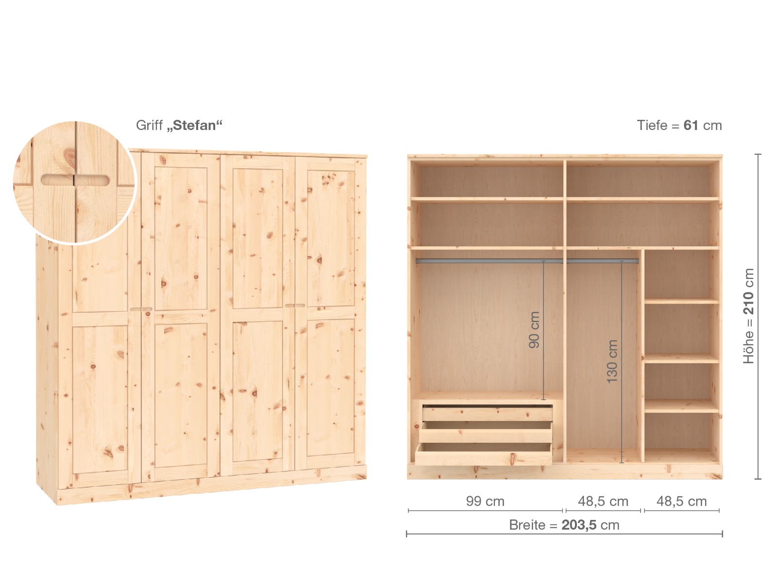 Zirbenschrank „Edelweiß“, 4-türig, Höhe 210 cm, Griffausführung „Stefan“, Inneneinrichtung C