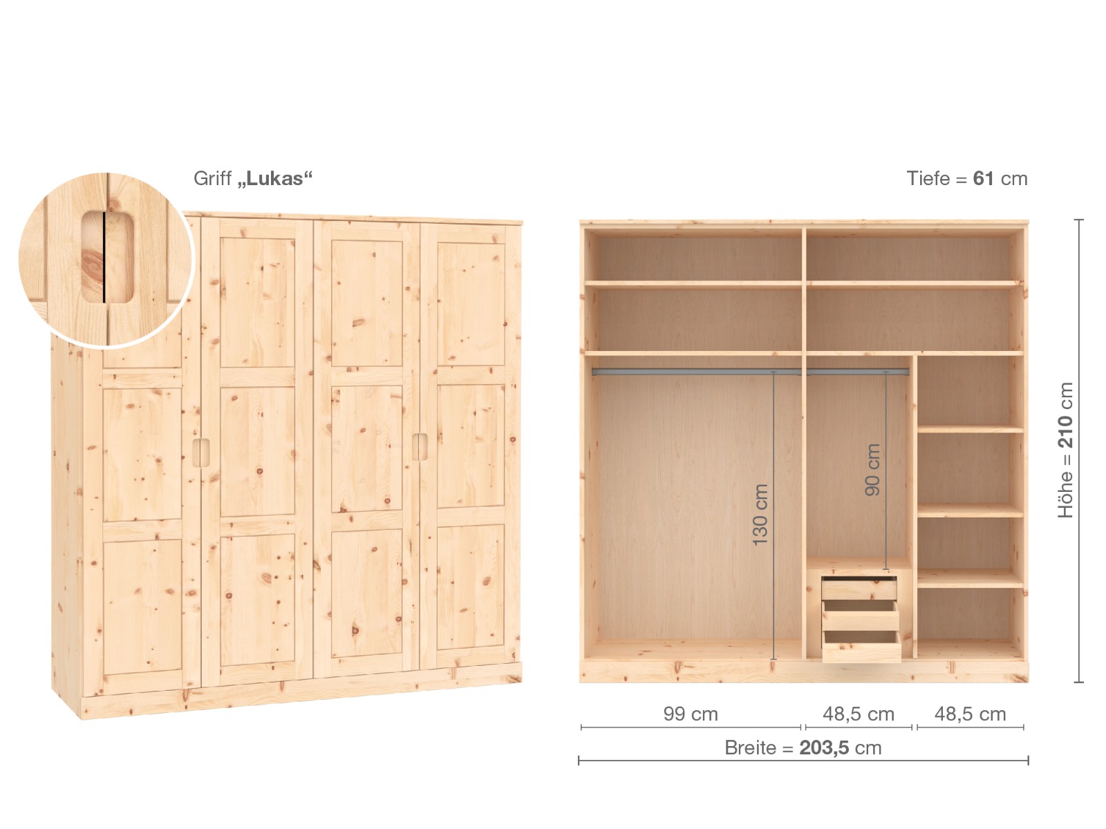 Zirbenschrank „Enzian“, 4-türig, Höhe 210 cm, Griffausführung „Lukas“, Inneneinrichtung D