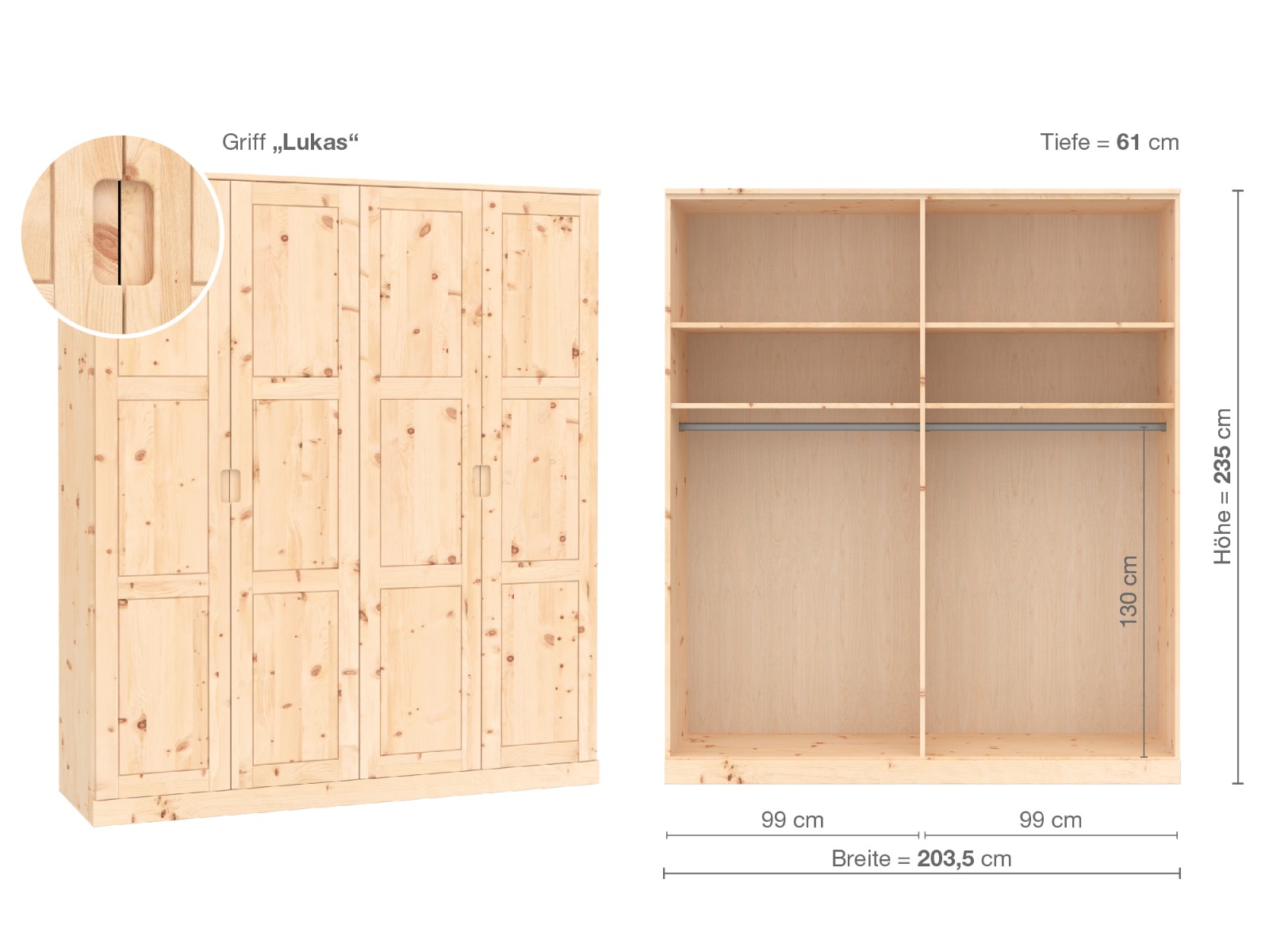 Zirbenschrank „Enzian“, 4-türig, Höhe 235 cm, Griffausführung „Lukas“, Inneneinrichtung A