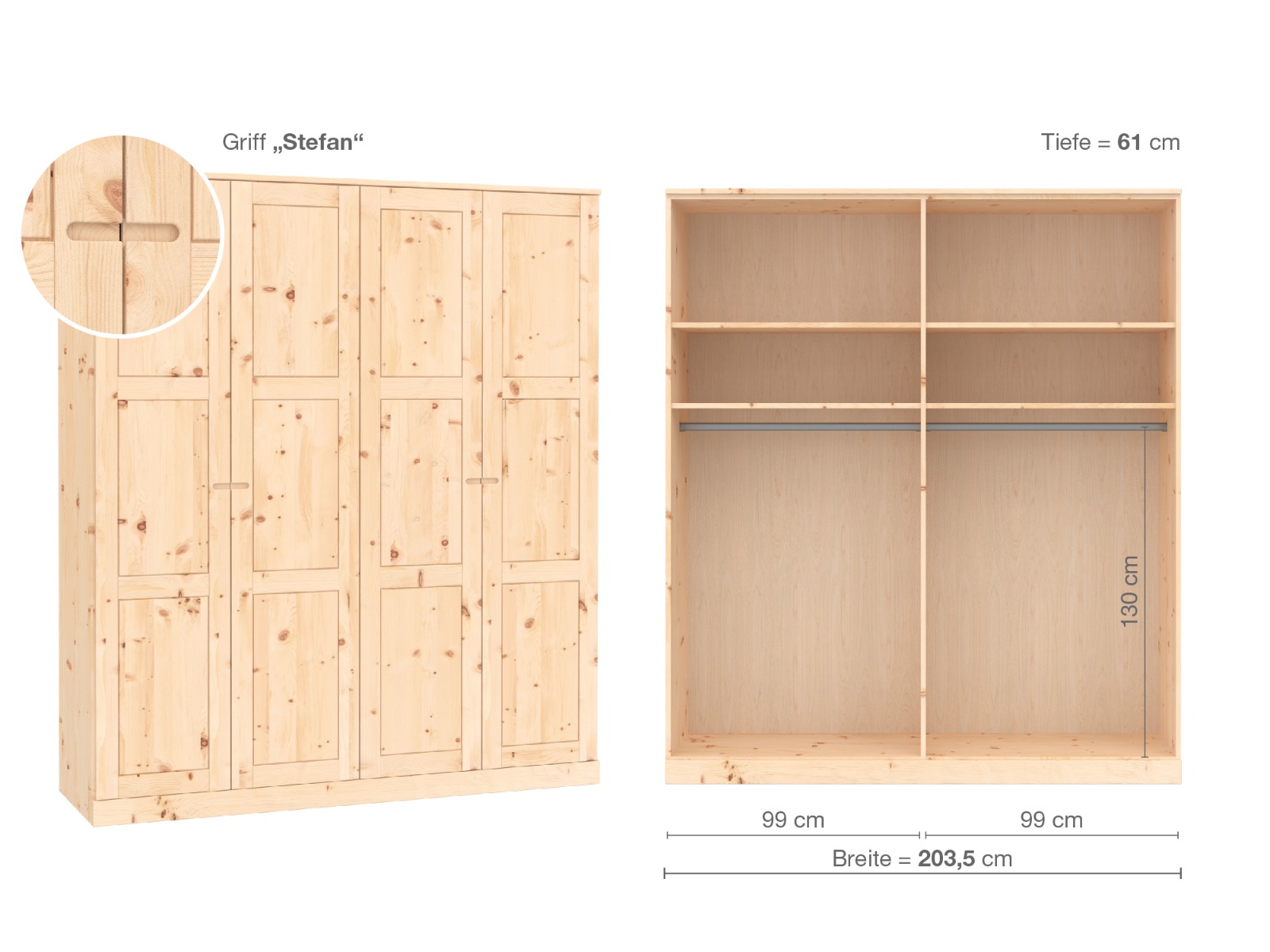 Zirbenschrank „Enzian“, 4-türig, Höhe 235 cm, Griffausführung „Stefan“, Inneneinrichtung A