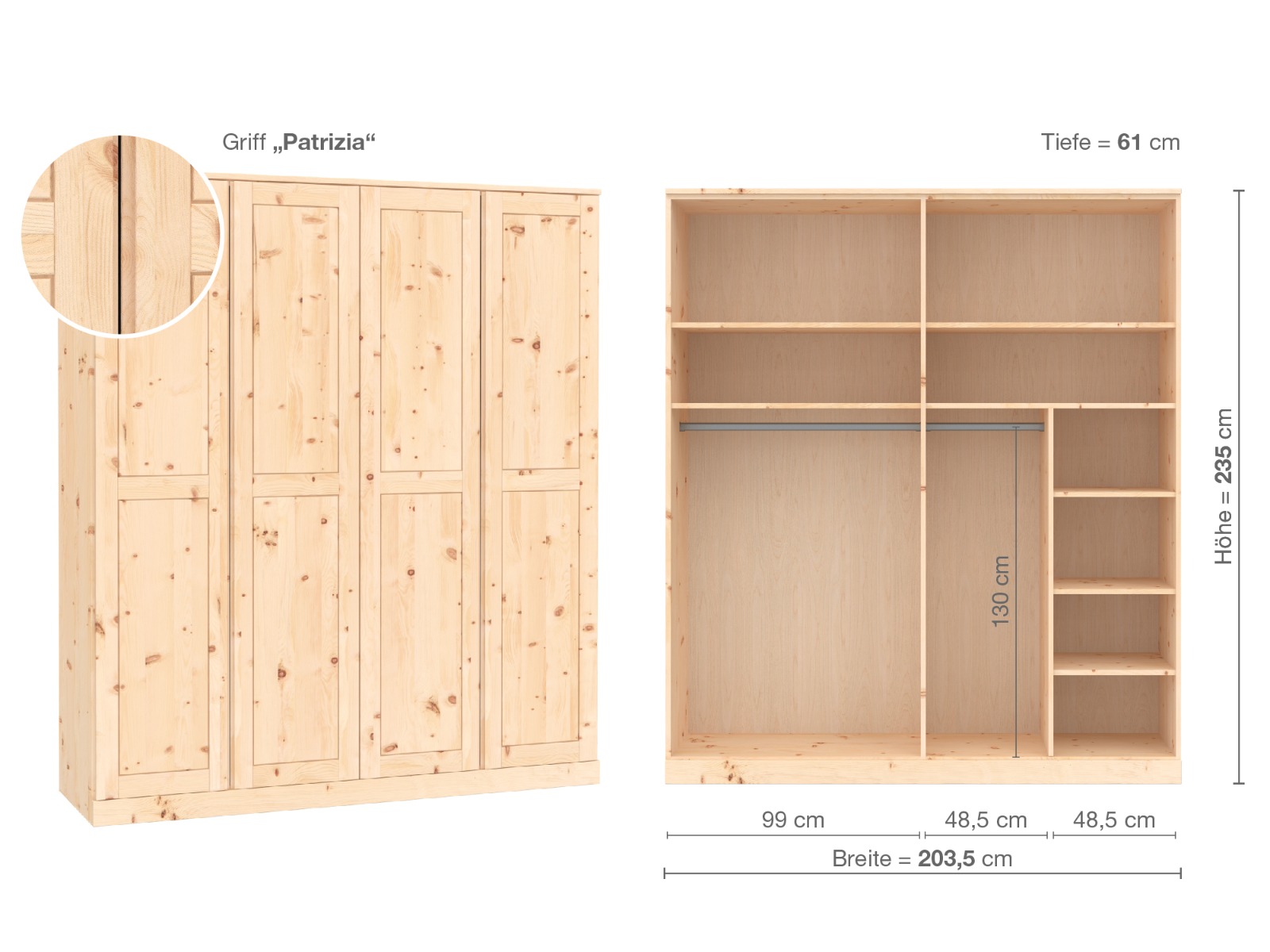 Zirbenschrank „Edelweiß“, 4-türig, Höhe 235 cm, Griffausführung „Patrizia“, Inneneinrichtung B