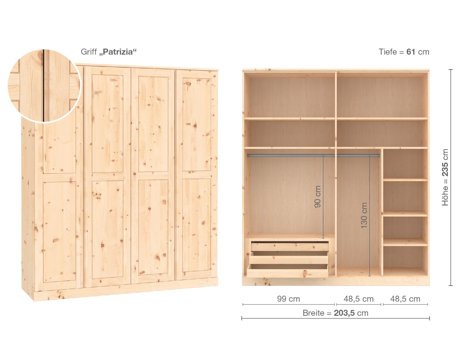 Zirbenschrank „Edelweiß“, 4-türig, Höhe 235 cm, Griffausführung „Patrizia“, Inneneinrichtung C