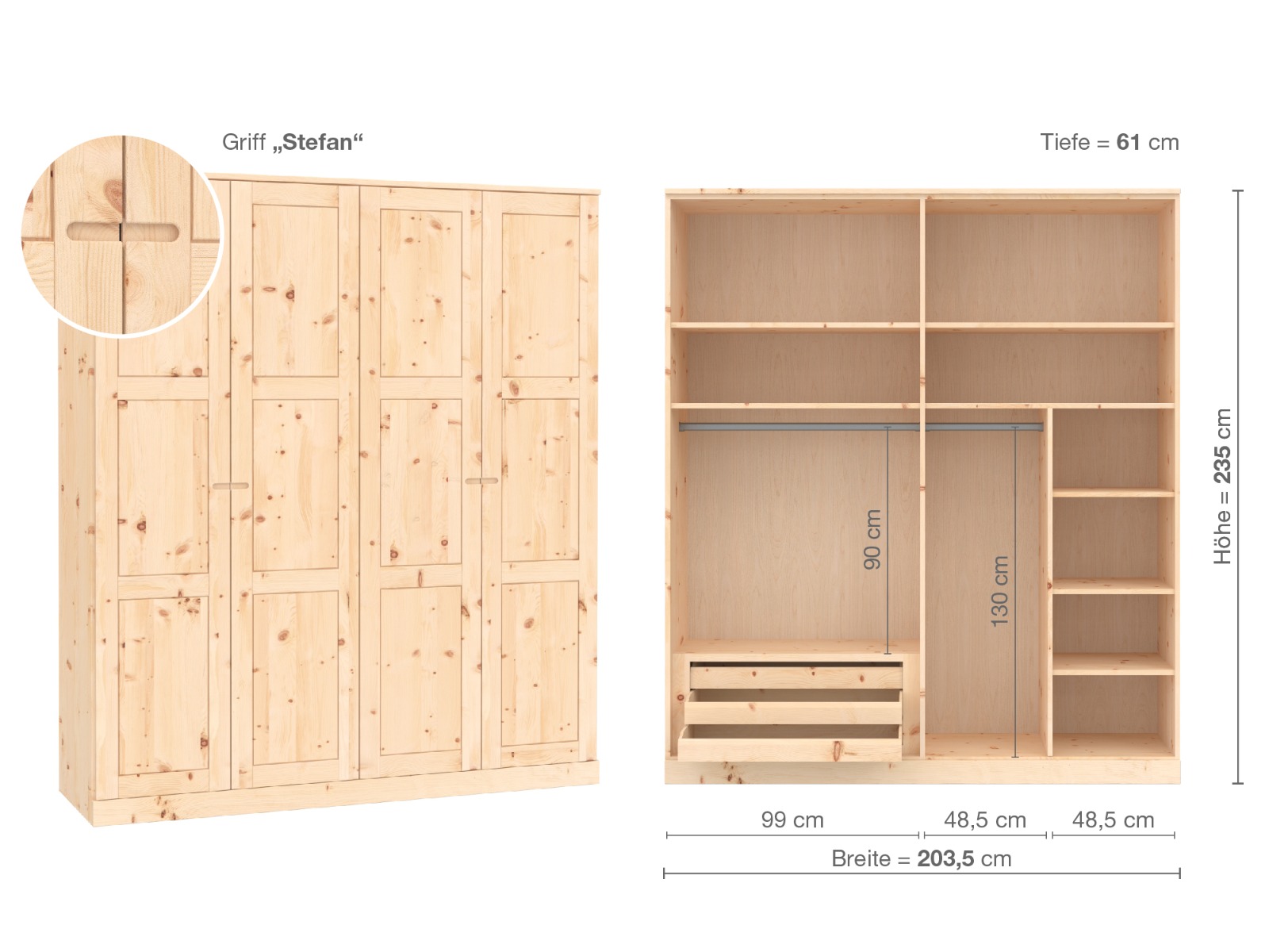 Zirbenschrank „Enzian“, 4-türig, Höhe 235 cm, Griffausführung „Stefan“, Inneneinrichtung C
