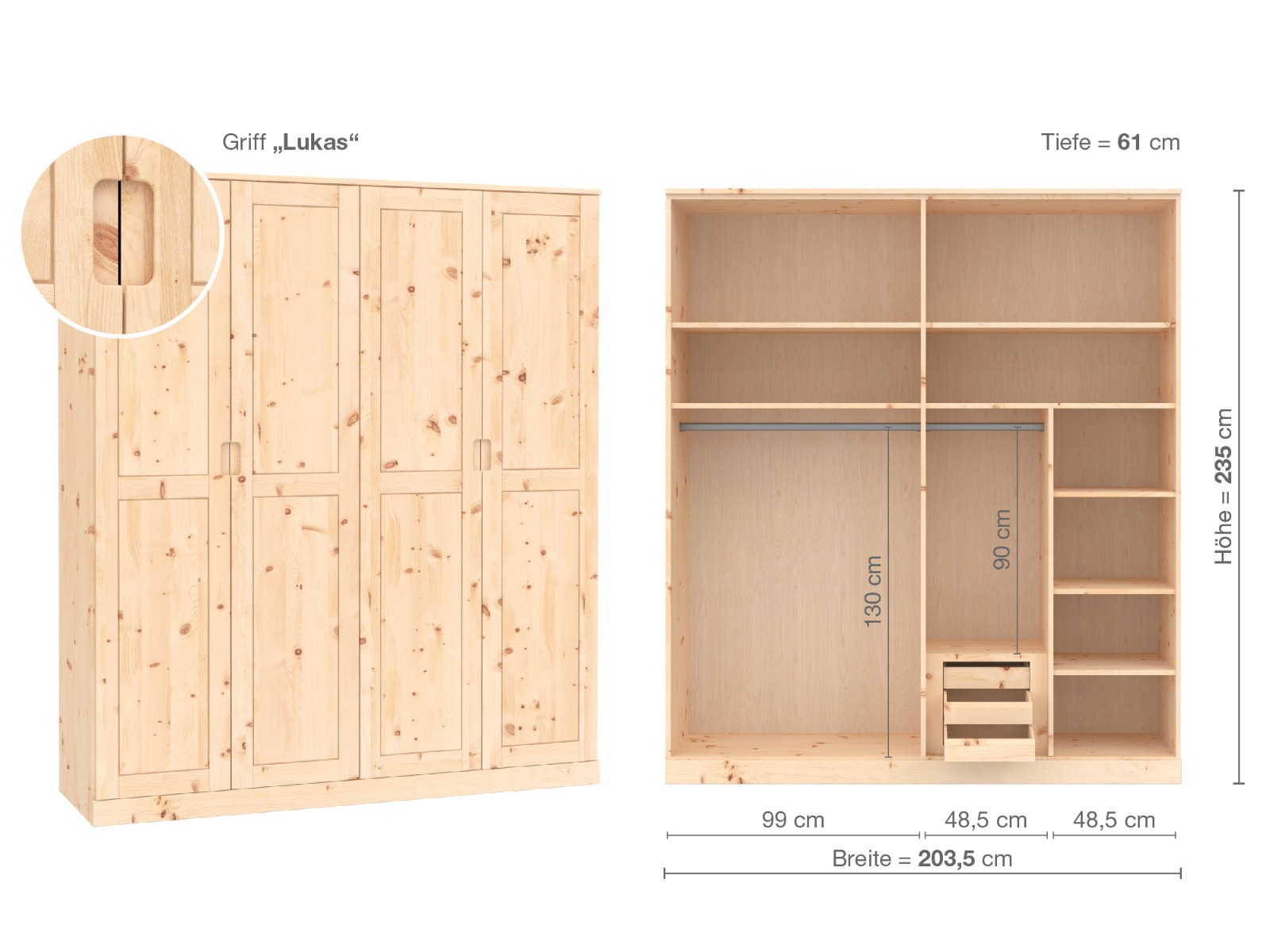 Zirbenschrank „Edelweiß“, 4-türig, Höhe 235 cm, Griffausführung „Lukas“, Inneneinrichtung D