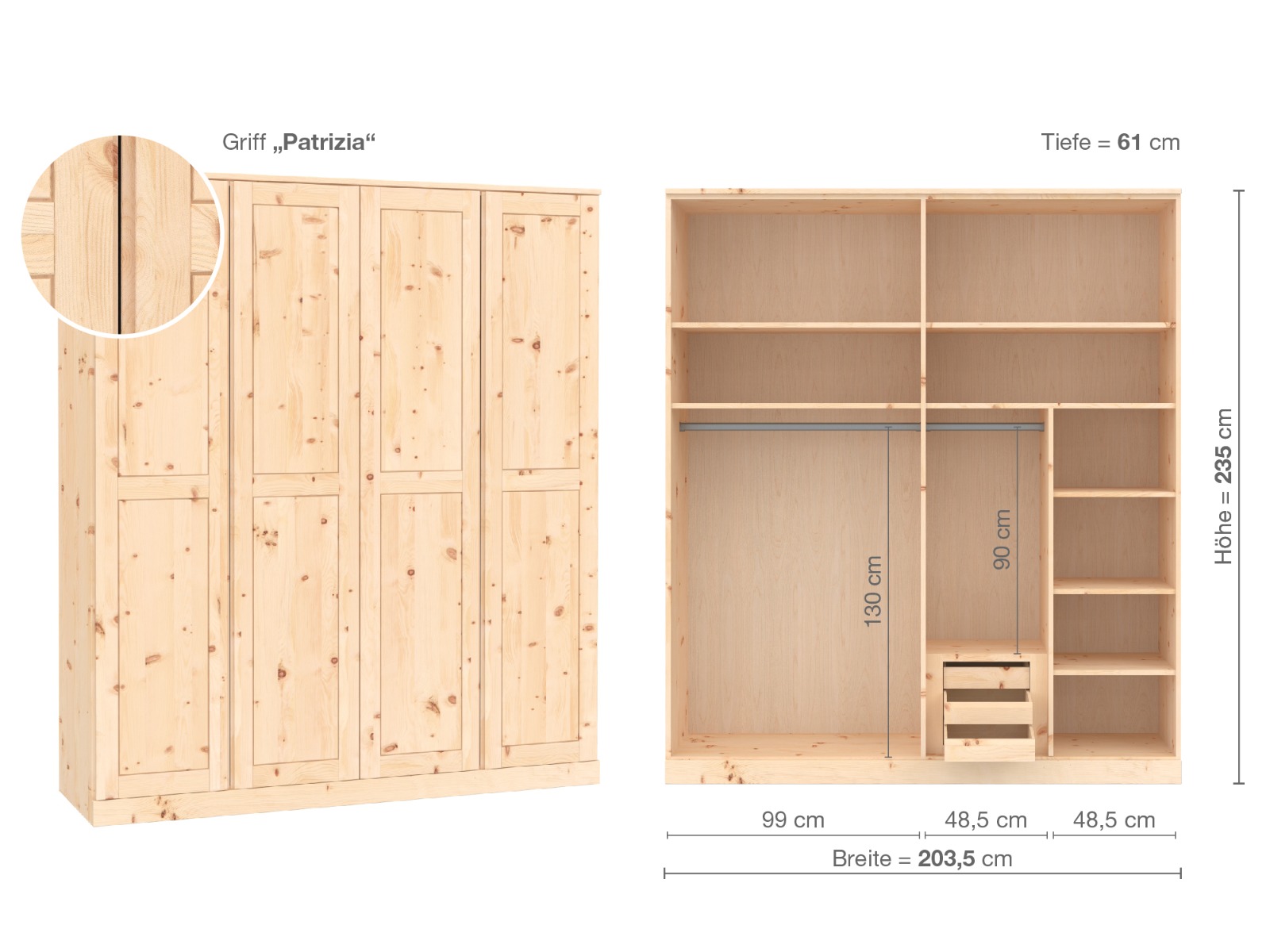 Zirbenschrank „Edelweiß“, 4-türig, Höhe 235 cm, Griffausführung „Patrizia“, Inneneinrichtung D