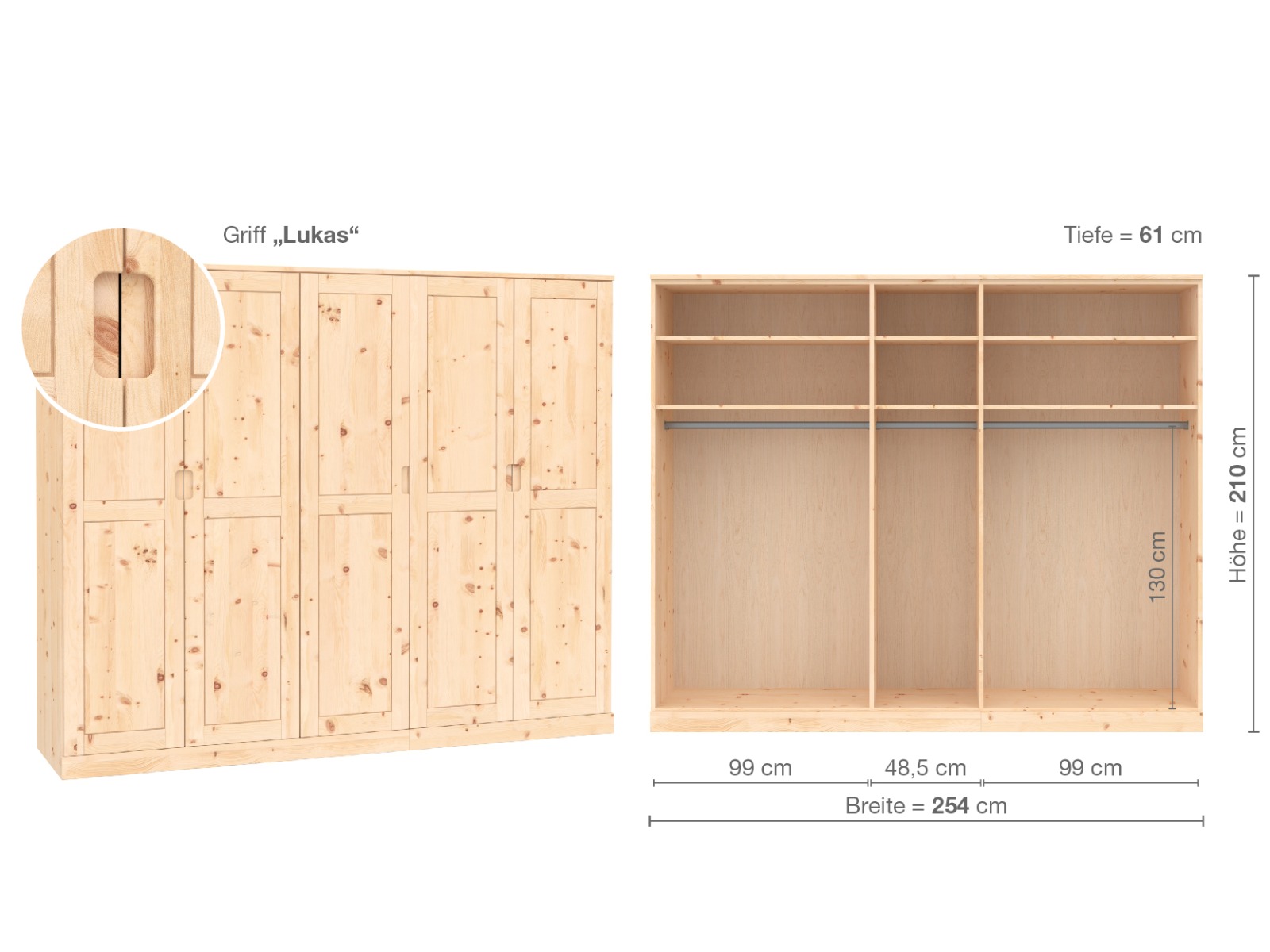 Zirbenschrank „Edelweiß“, 5-türig, Höhe 210 cm, Griffausführung „Lukas“, Inneneinrichtung  A