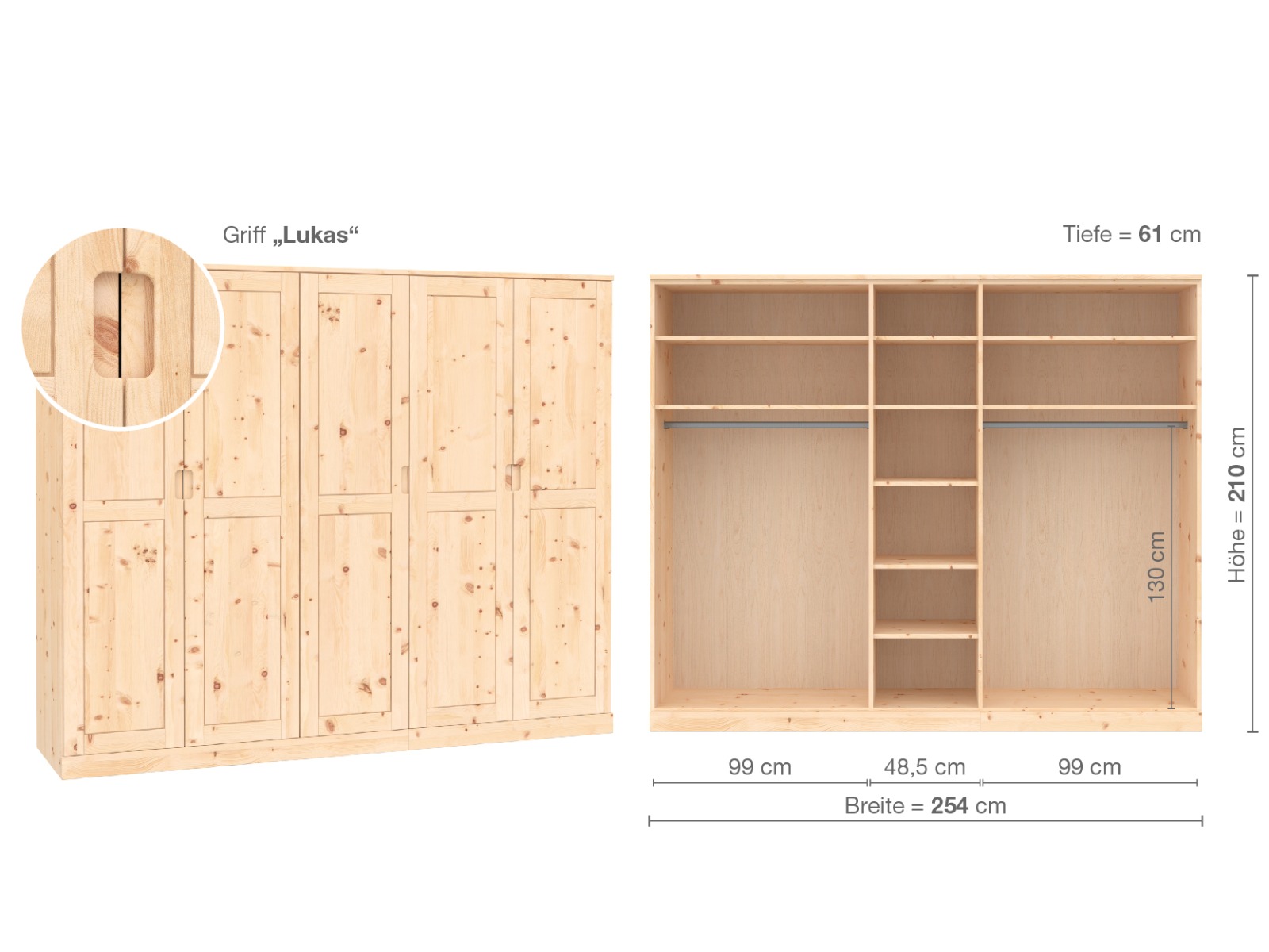 Zirbenschrank „Edelweiß“, 5-türig, Höhe 210 cm, Griffausführung „Lukas“, Inneneinrichtung  B