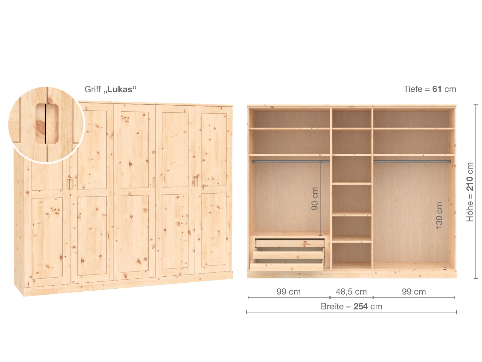 Zirbenschrank „Edelweiß“, 5-türig, Höhe 210 cm, Griffausführung „Lukas“, Inneneinrichtung  C