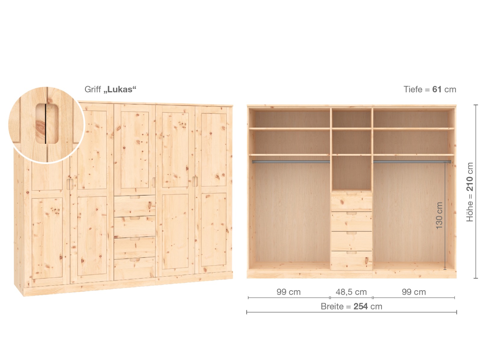 Zirbenschrank „Edelweiß“, 5-türig, Höhe 210 cm, Griffausführung „Lukas“, Inneneinrichtung  E