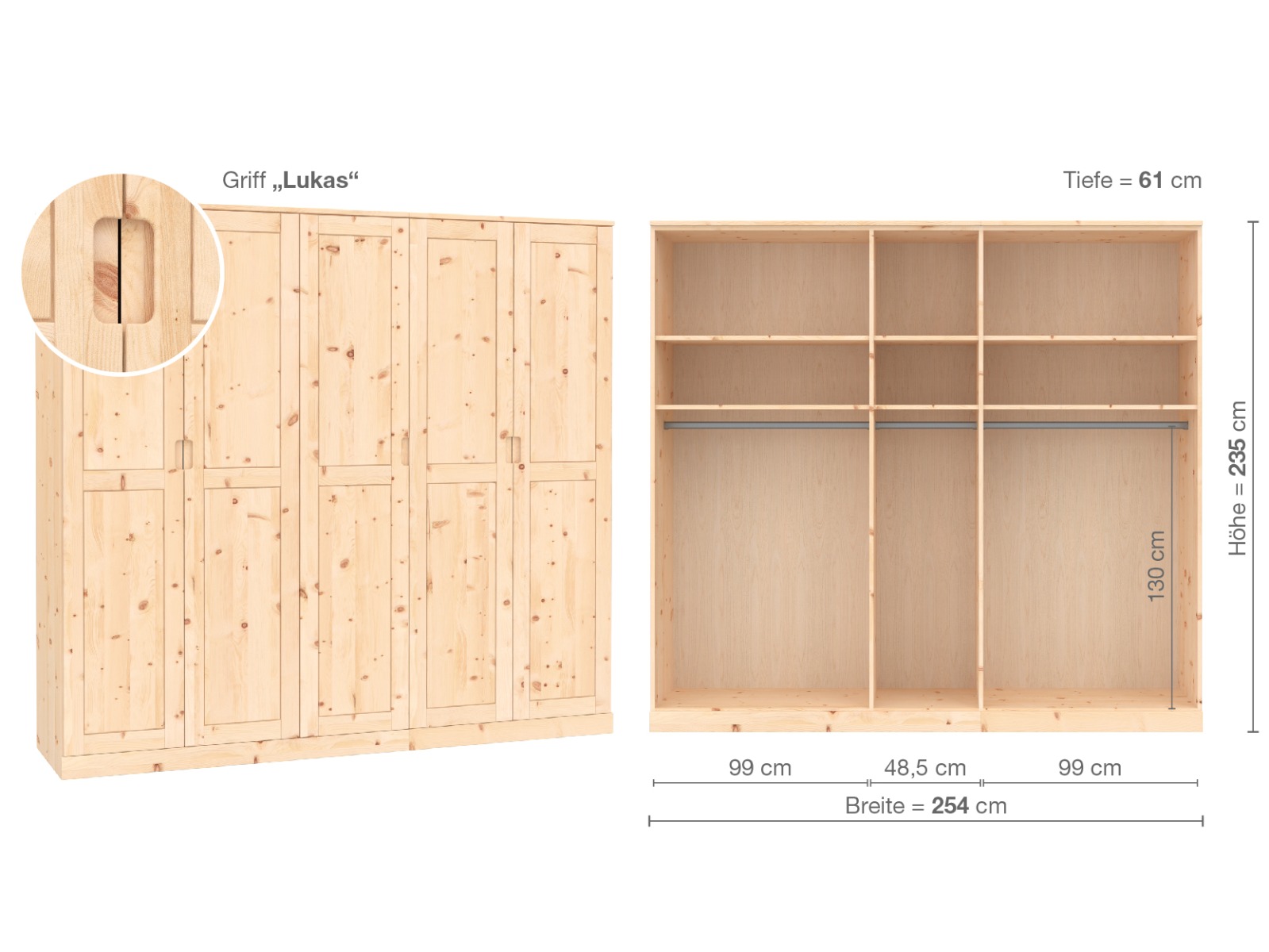 Zirbenschrank „Edelweiß“, 5-türig, Höhe 235 cm, Griffausführung „Lukas“, Inneneinrichtung  A