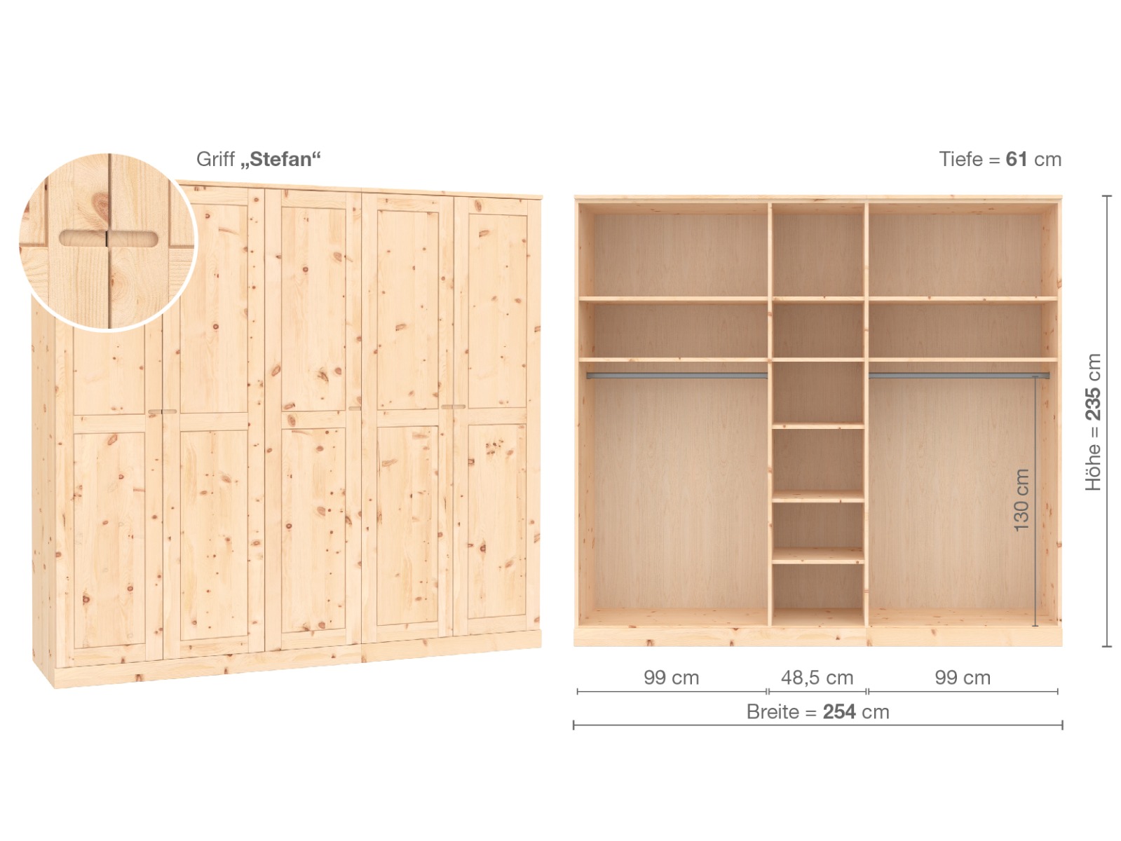 Zirbenschrank „Edelweiß“, 5-türig, Höhe 235 ​cm, Griffausführung „Stefan“, Inneneinrichtung  B