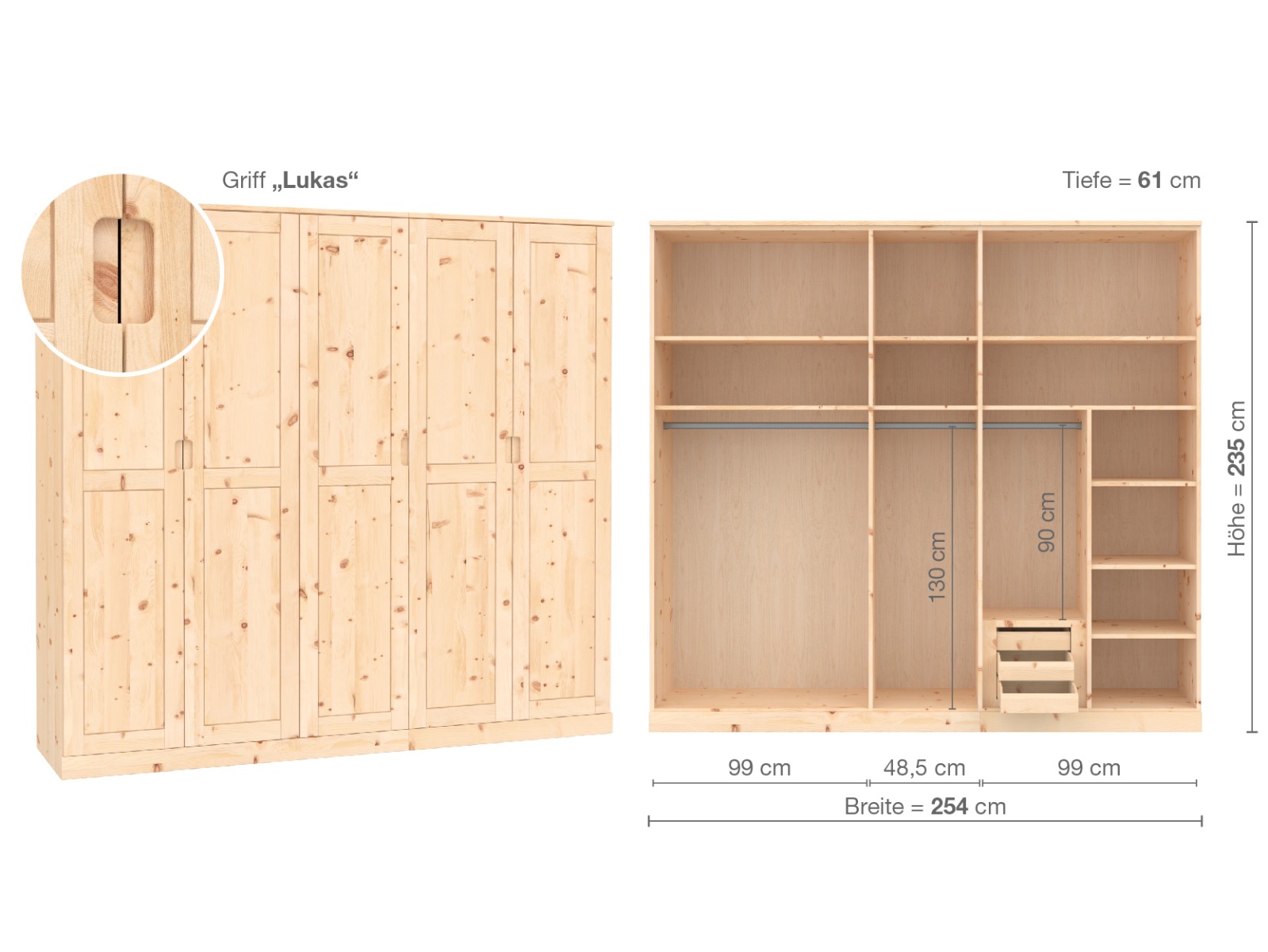 Zirbenschrank „Edelweiß“, 5-türig, Höhe 235 ​cm, Griffausführung „Lukas“, Inneneinrichtung  D