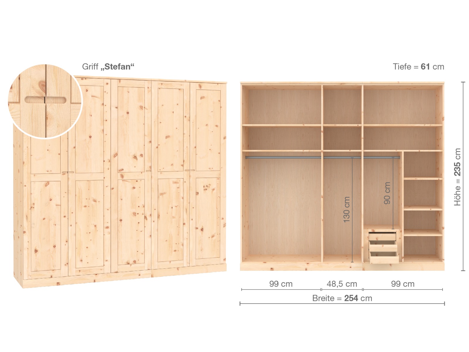 Zirbenschrank „Edelweiß“, 5-türig, Höhe 235 ​cm, Griffausführung „Stefan“, Inneneinrichtung  D