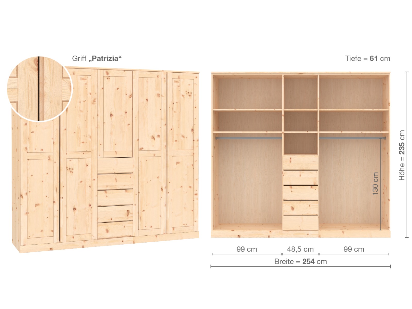 Zirbenschrank „Edelweiß“, 5-türig, Höhe 235 ​cm, Griffausführung „Patrizia“, Inneneinrichtung  E