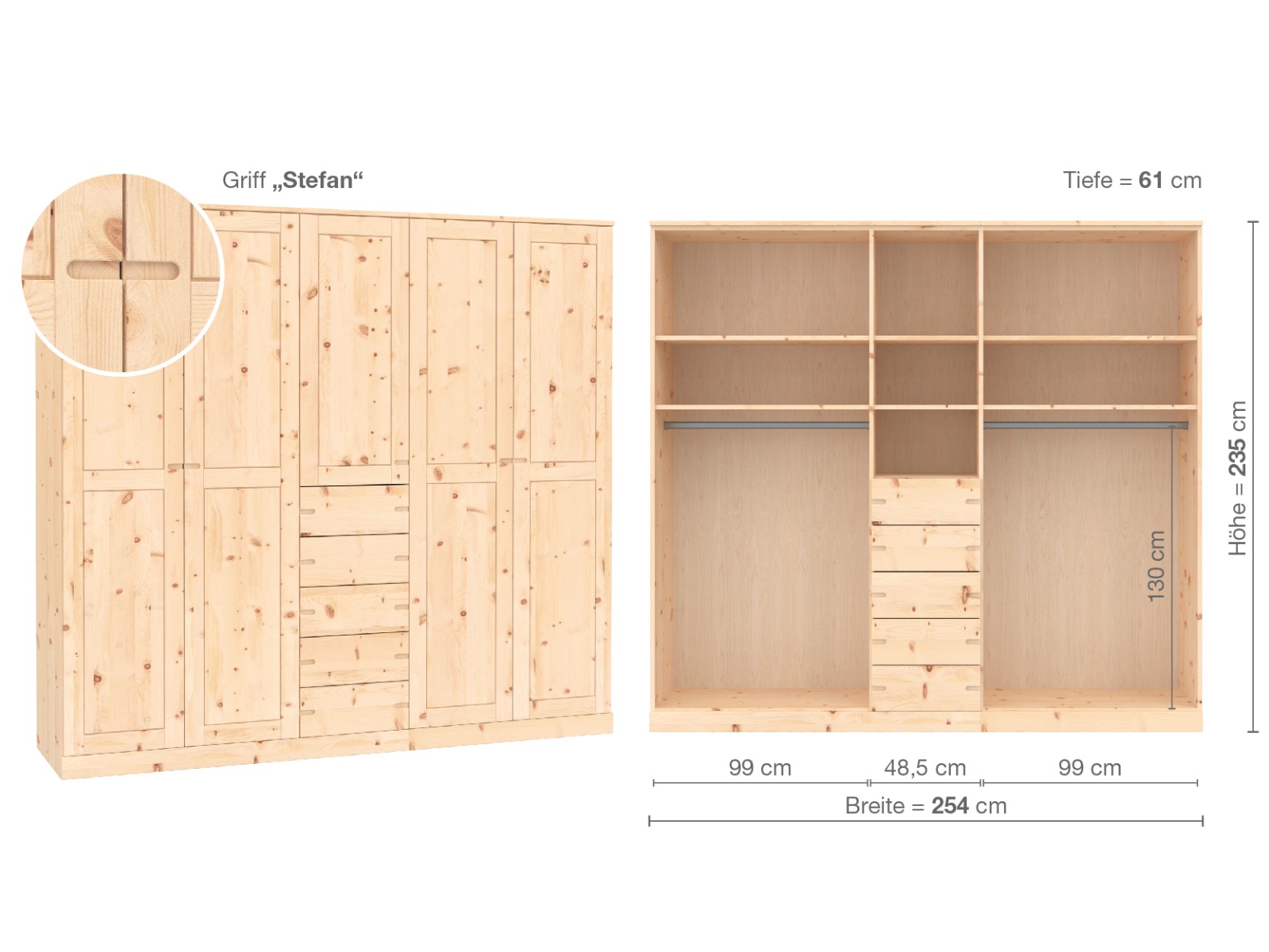 Zirbenschrank „Edelweiß“, 5-türig, Höhe 235 ​cm, Griffausführung „Stefan“, Inneneinrichtung  E