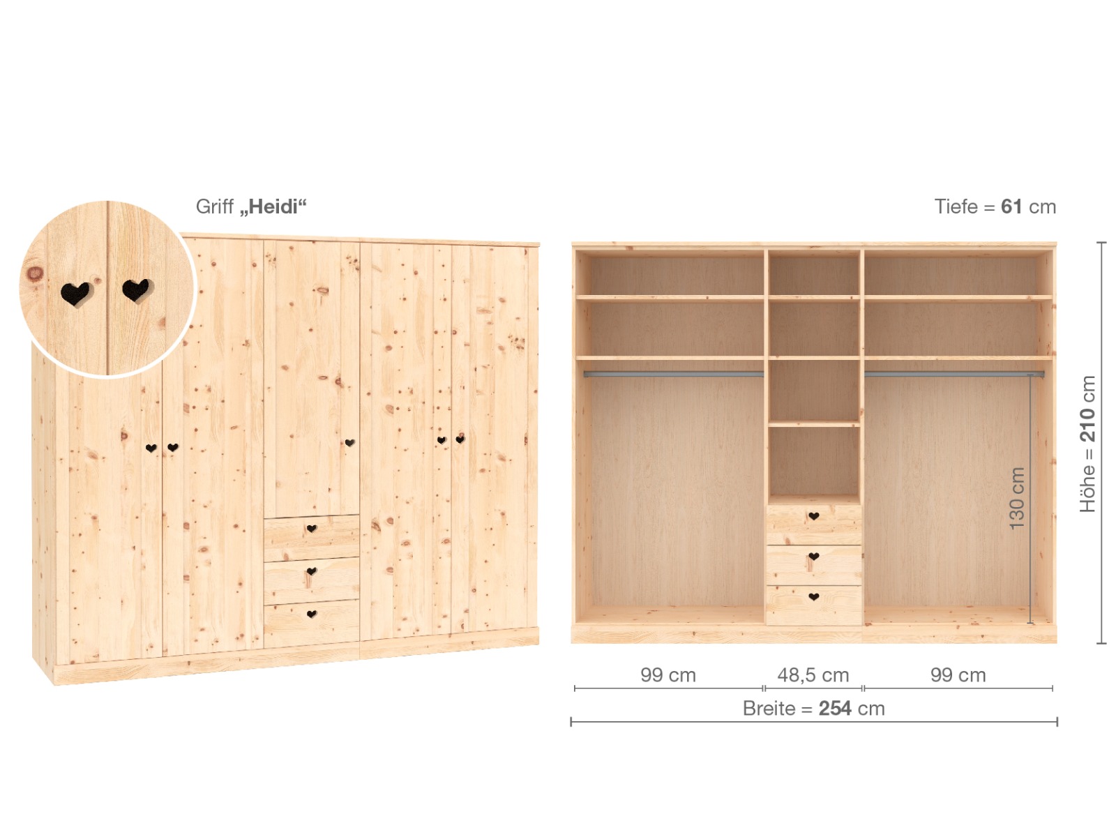 Zirbenschrank „Arnika“, 5-türig, Höhe 210 ​cm, Griffausführung „Heidi“, Inneneinrichtung  E