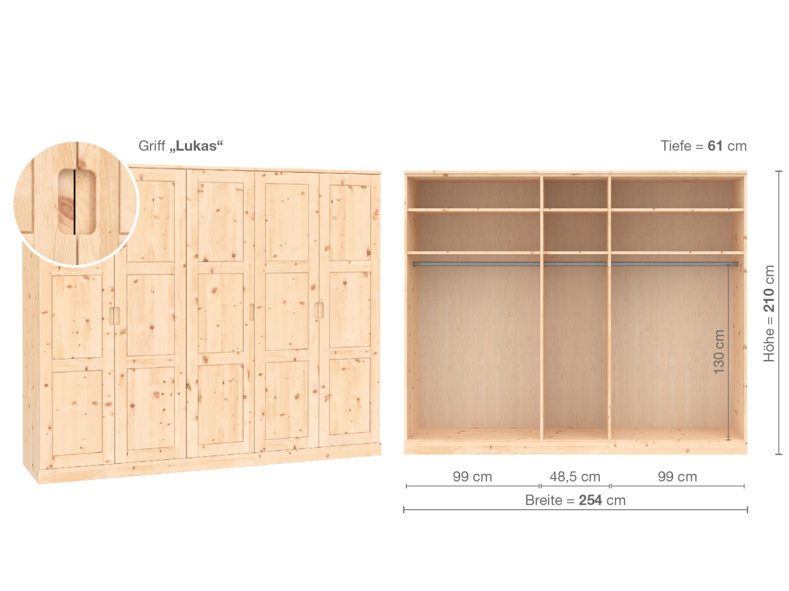 Zirbenschrank „Enzian“, 5-türig, Höhe 210 cm, Griffausführung „Lukas“, Inneneinrichtung A