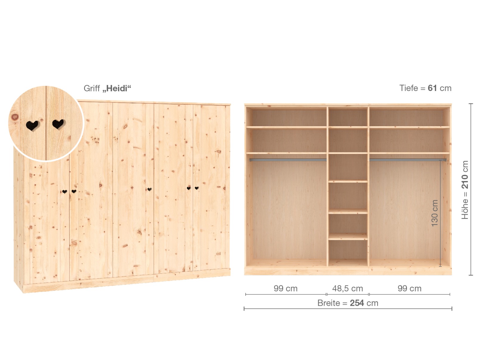 Zirbenschrank „Arnika“, 5-türig, Höhe 210 cm, Griffausführung „Heidi“, Inneneinrichtung  B