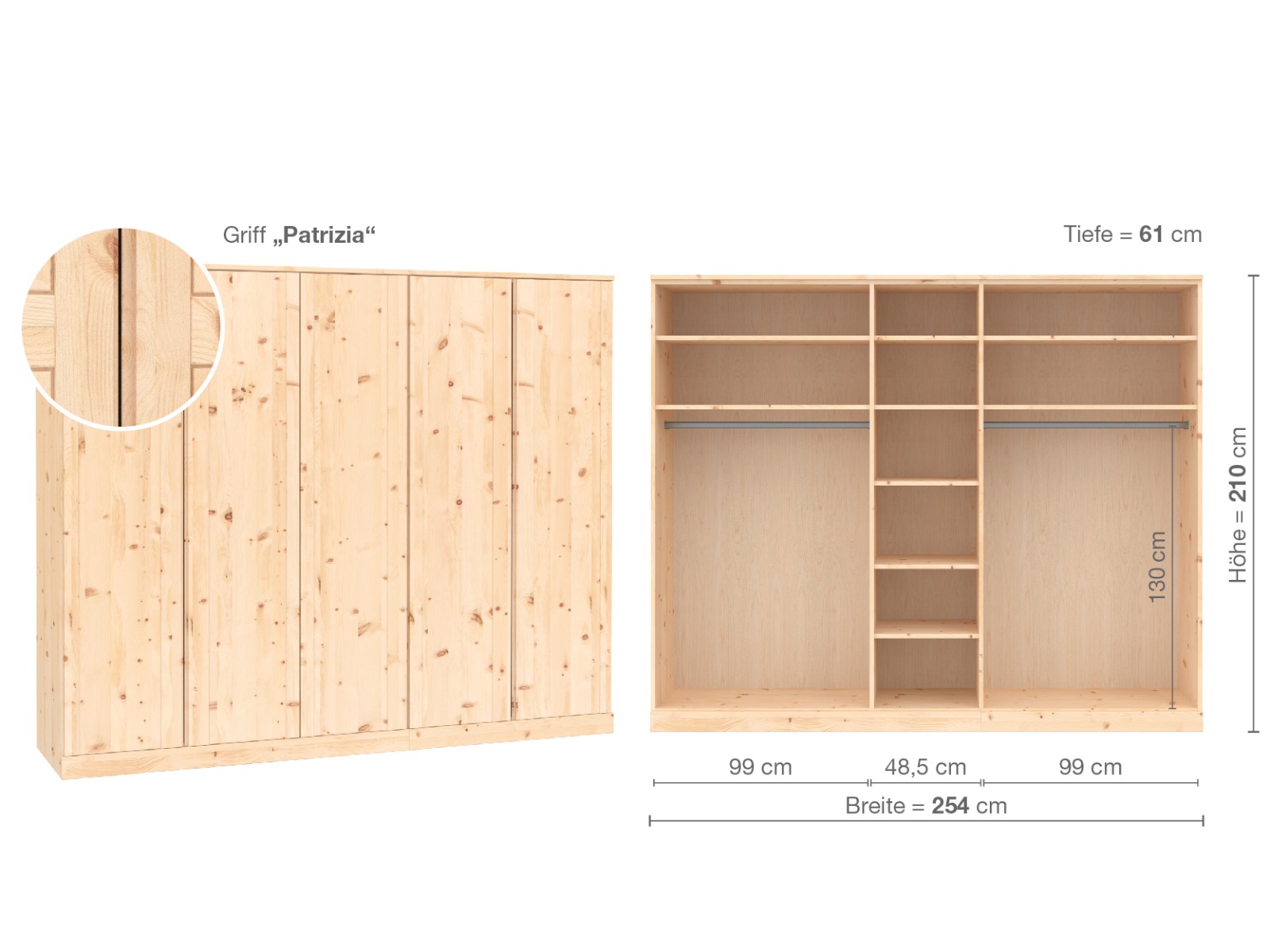 Zirbenschrank „Arnika“, 5-türig, Höhe 210 cm, Griffausführung „Patrizia“, Inneneinrichtung B