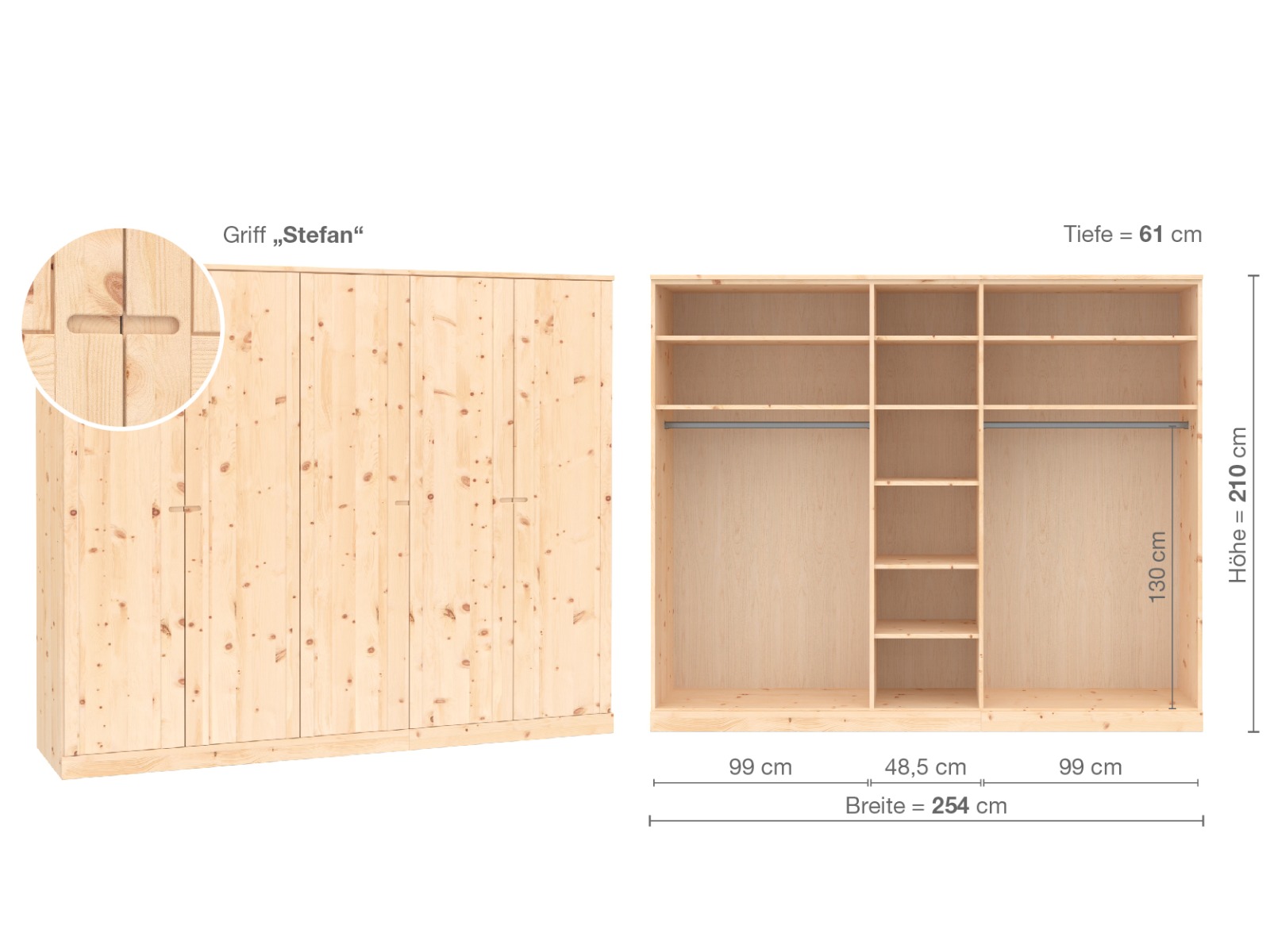 Zirbenschrank „Arnika“, 5-türig, Höhe 210 cm, Griffausführung „Stefan“, Inneneinrichtung B