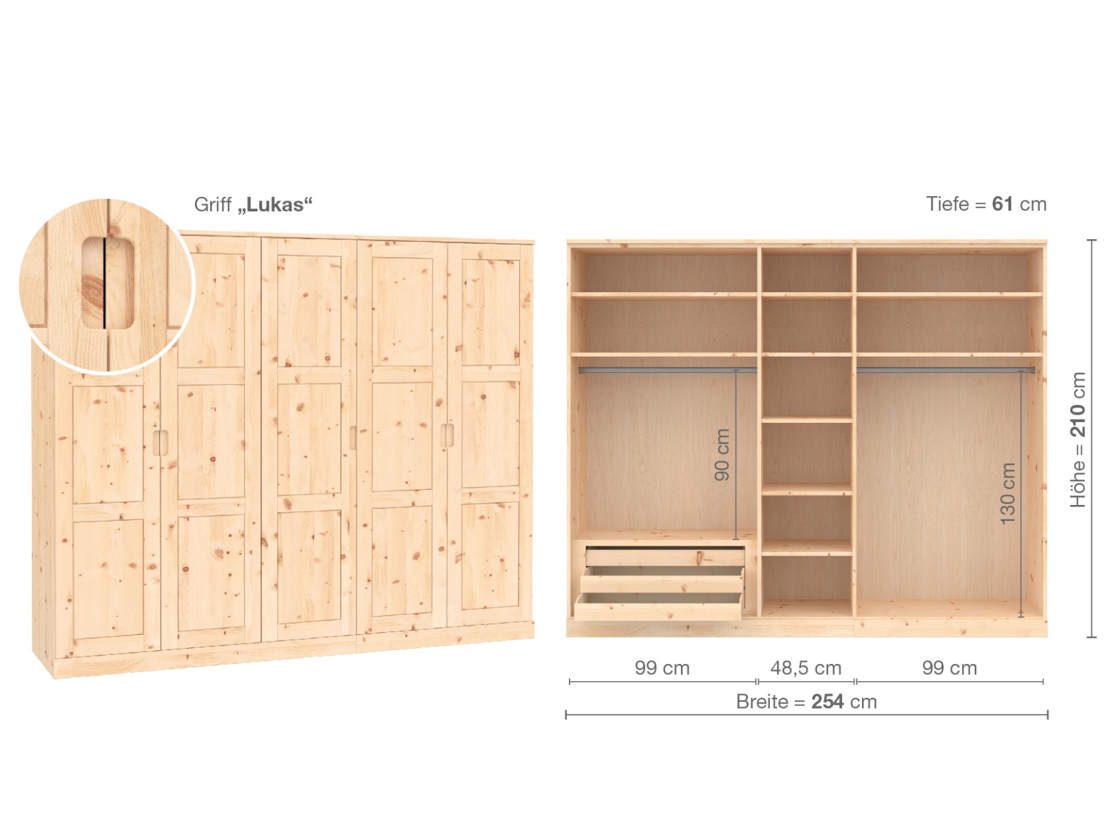 Zirbenschrank „Enzian“, 5-türig, Höhe 210 cm, Griffausführung „Lukas“, Inneneinrichtung C