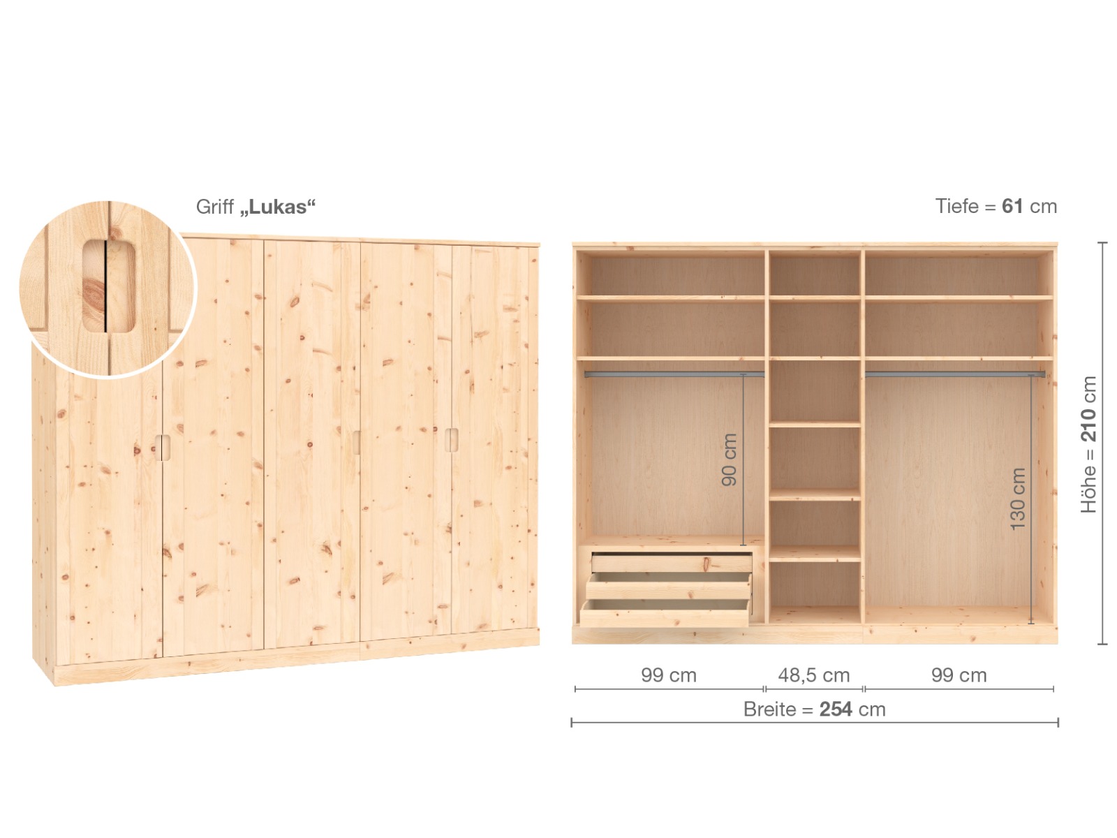 Zirbenschrank „Arnika“, 5-türig, Höhe 210 cm, Griffausführung „Lukas“, Inneneinrichtung  C