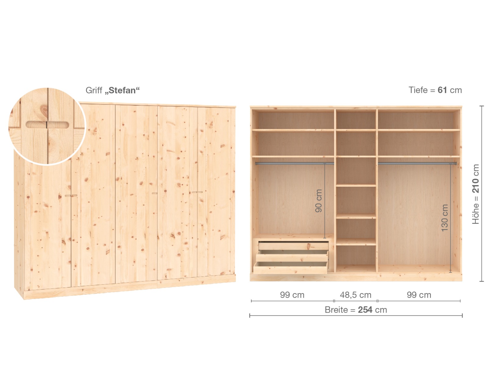 Zirbenschrank „Arnika“, 5-türig, Höhe 210 cm, Griffausführung „Stefan“, Inneneinrichtung C