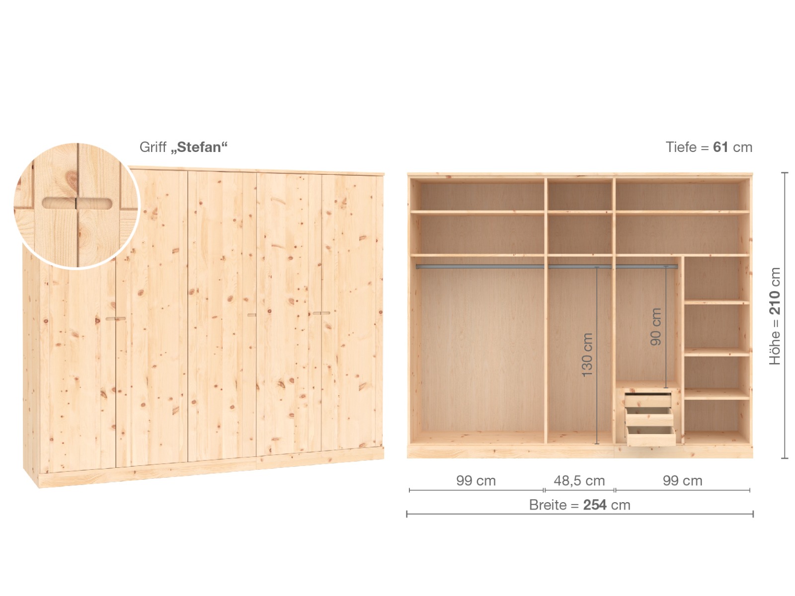 Zirbenschrank „Arnika“, 5-türig, Höhe 210 cm, Griffausführung „Stefan“, Inneneinrichtung D