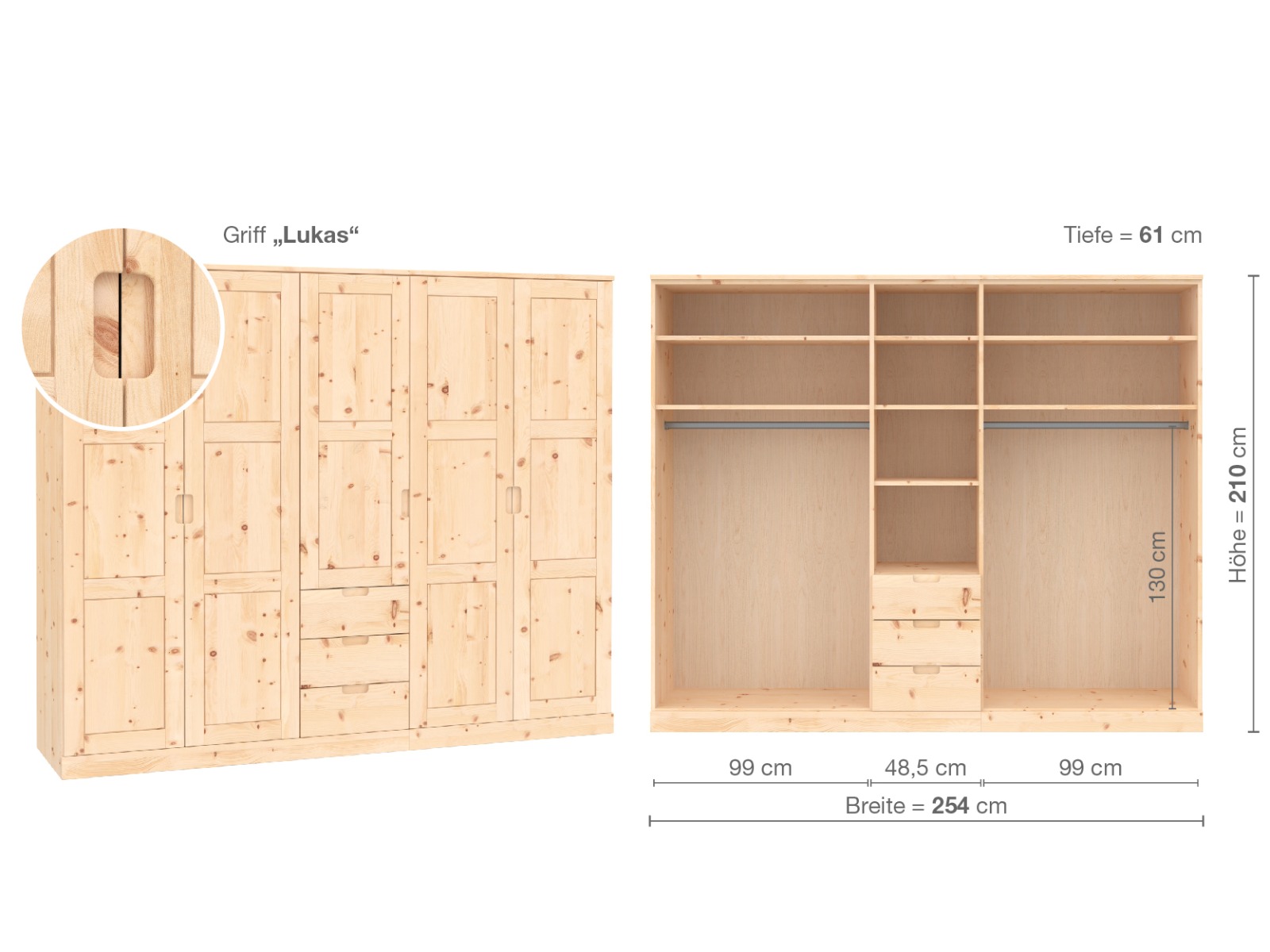 Zirbenschrank „Enzian“, 5-türig, Höhe 210 cm, Griffausführung „Lukas“, Inneneinrichtung E