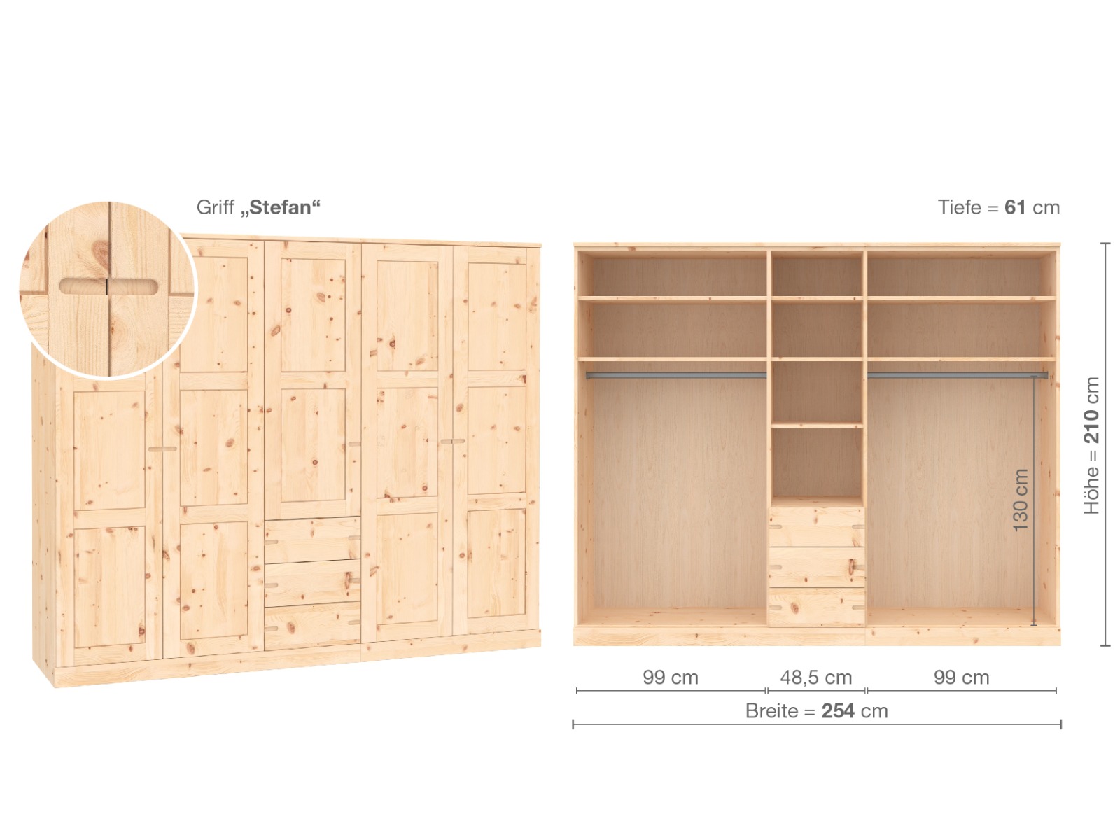 Zirbenschrank „Enzian“, 5-türig, Höhe 210 cm, Griffausführung „Patrizia“, Inneneinrichtung E