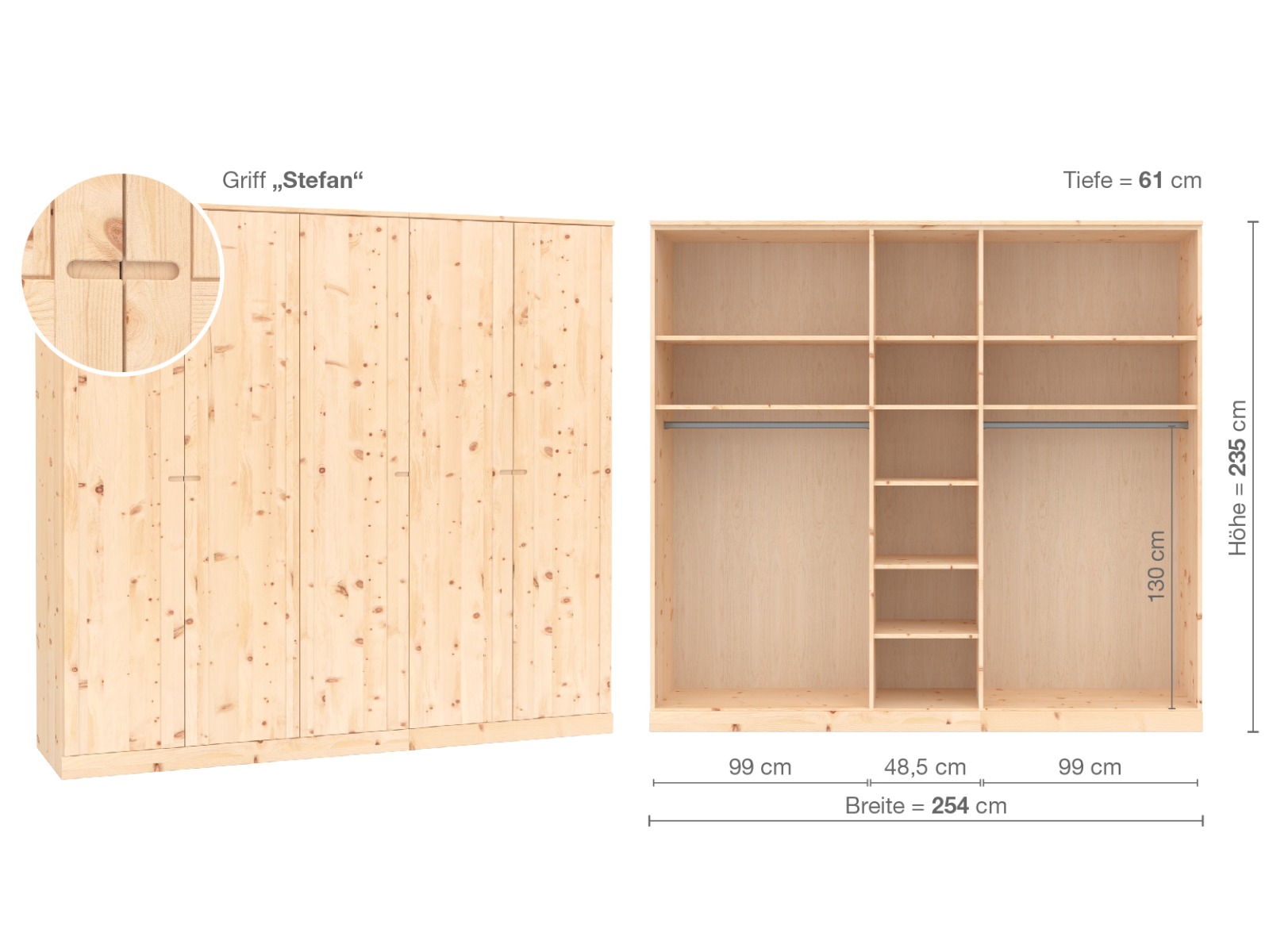 Zirbenschrank „Arnika“, 5-türig, Höhe 235 ​cm, Griffausführung „Stefan“, Inneneinrichtung B