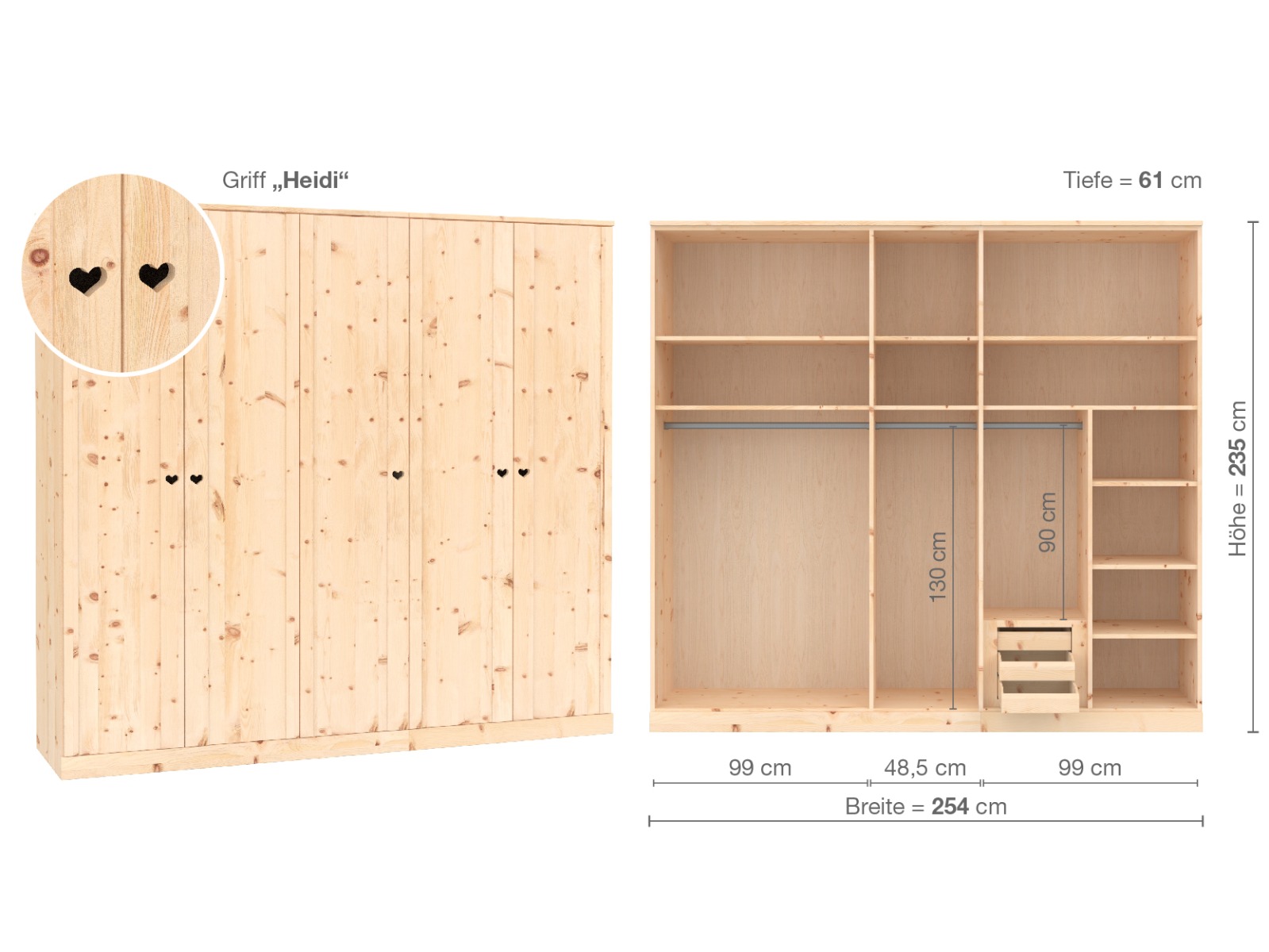 Zirbenschrank „Arnika“, 5-türig, Höhe 235 ​cm, Griffausführung „Heidi“, Inneneinrichtung  D