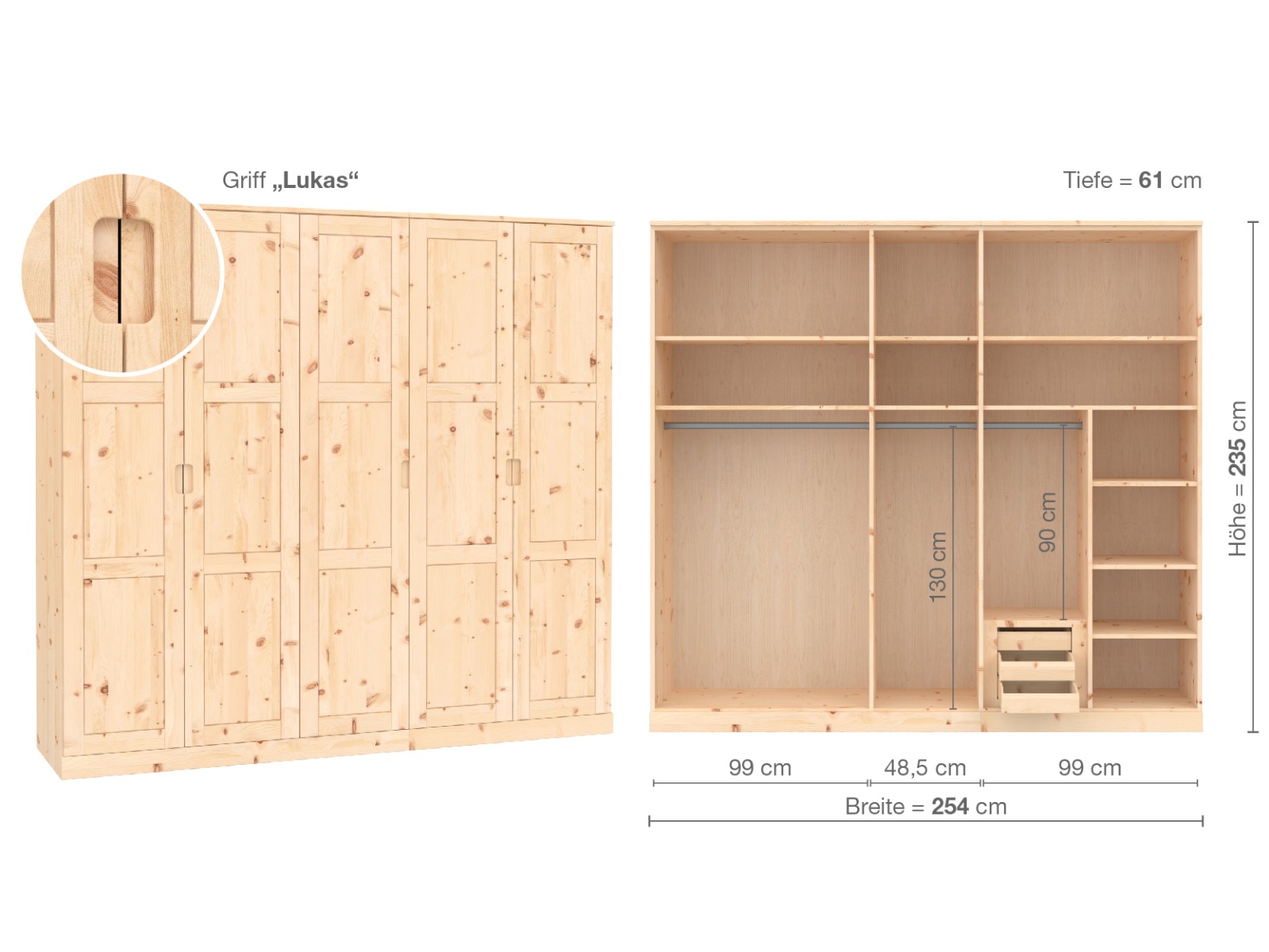 Zirbenschrank „Enzian“, 5-türig, Höhe 235 cm, Griffausführung „Lukas“, Inneneinrichtung D